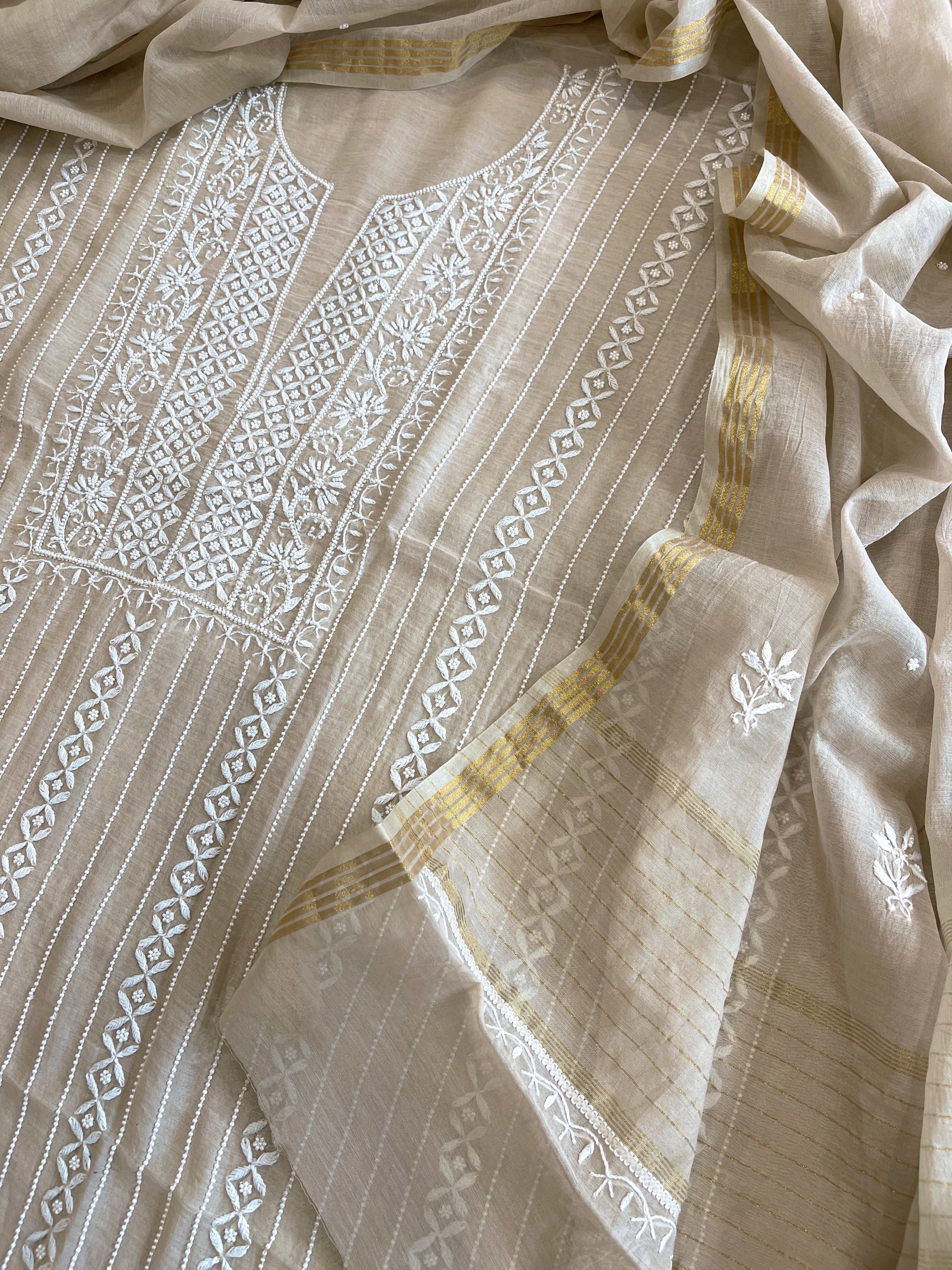 Suit Set with Lucknowi Handwork in Pure Mul Chanderi - Masakalee