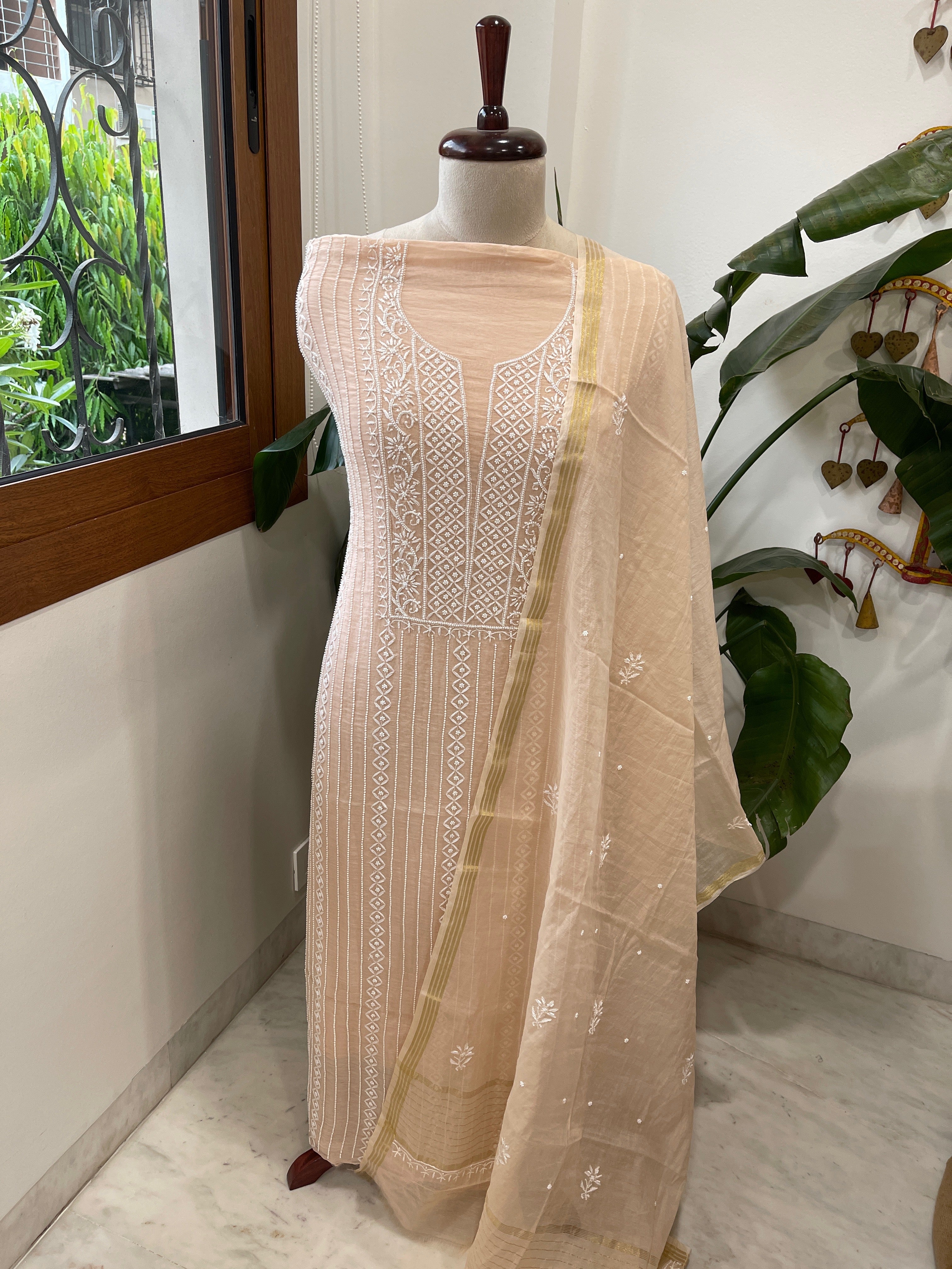 Suit Set with Lucknowi Handwork in Pure Mul Chanderi - Masakalee