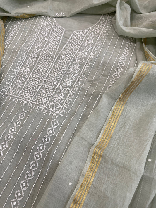 Suit Set with Lucknowi Handwork in Pure Mul Chanderi - Masakalee