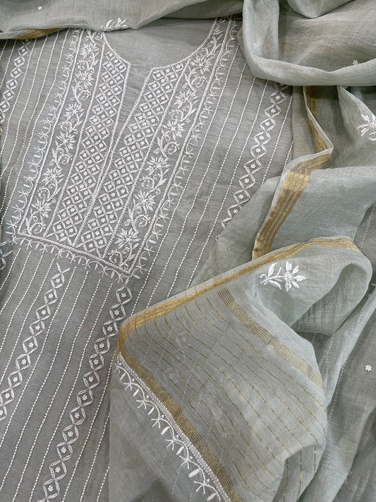 Suit Set with Lucknowi Handwork in Pure Mul Chanderi - Masakalee