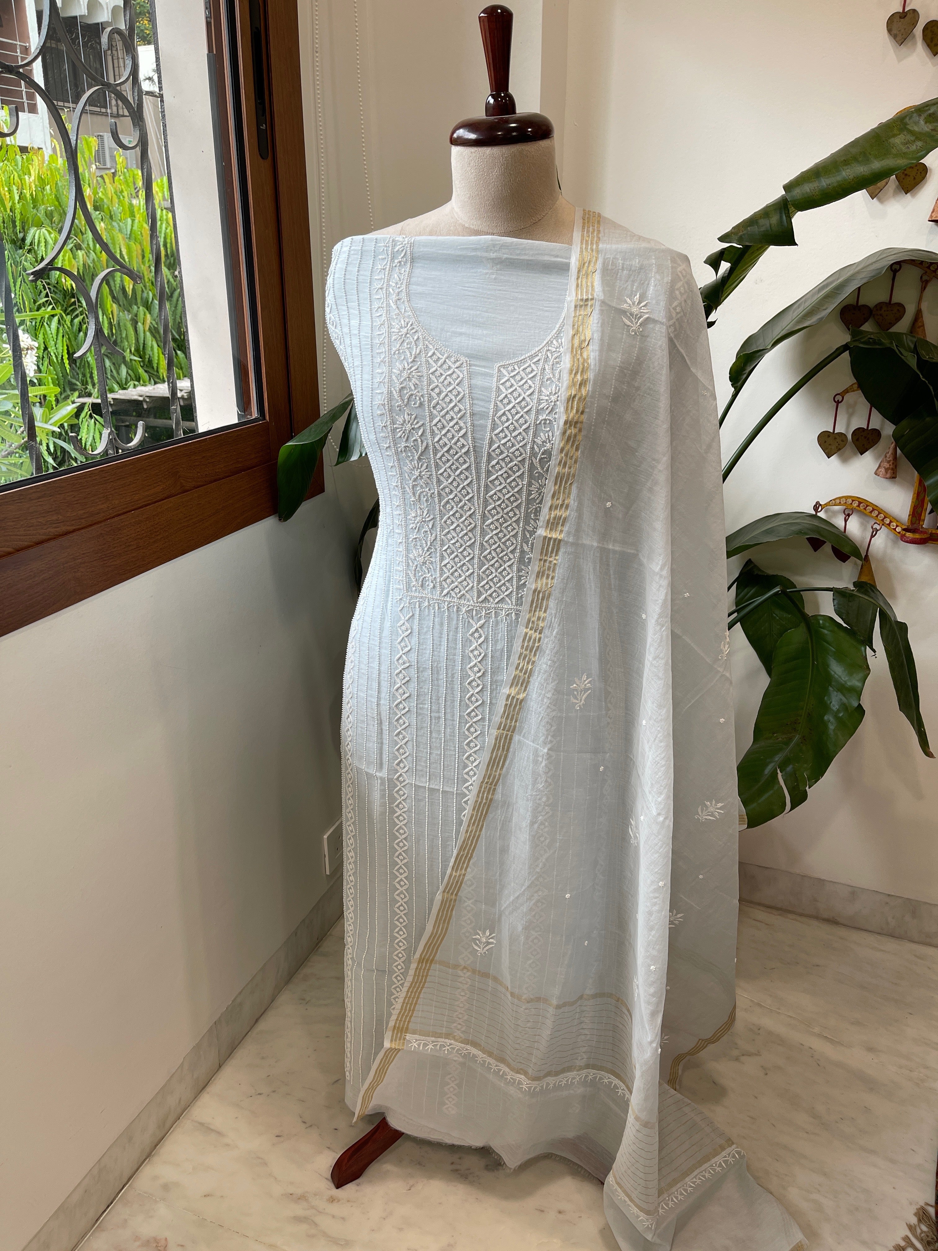 Suit Set with Lucknowi Handwork in Pure Mul Chanderi - Masakalee