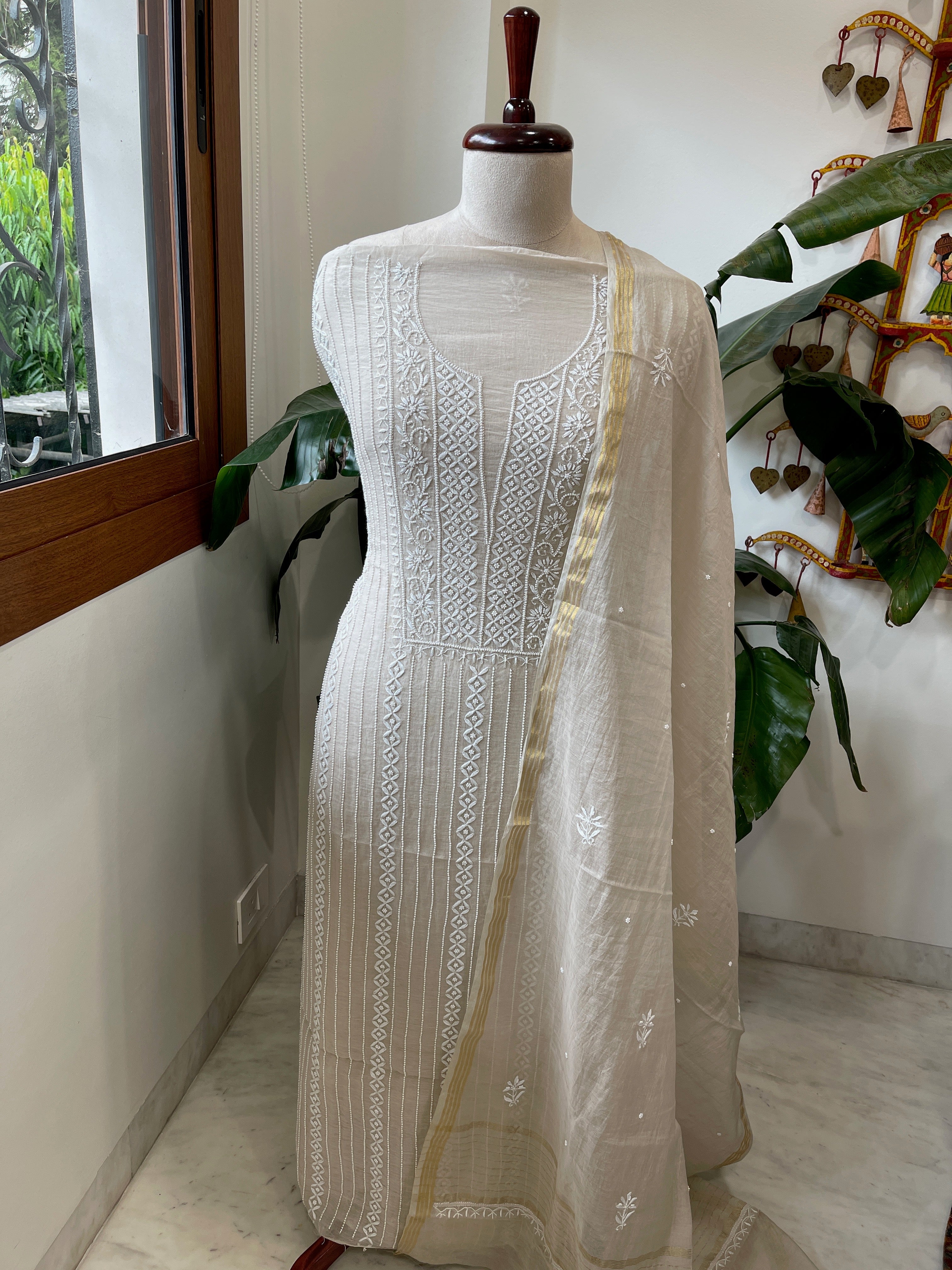 Suit Set with Lucknowi Handwork in Pure Mul Chanderi - Masakalee