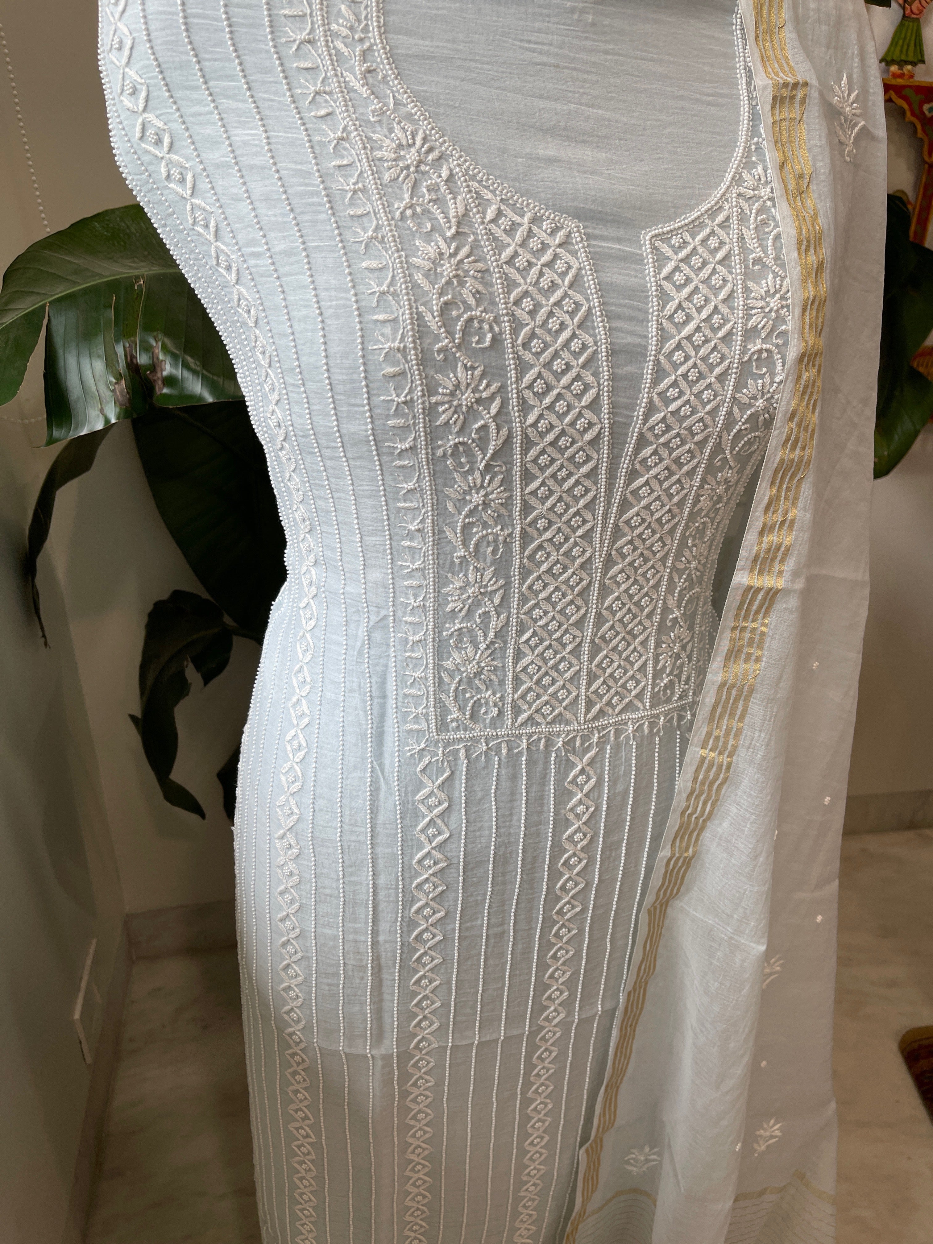 Suit Set with Lucknowi Handwork in Pure Mul Chanderi - Masakalee