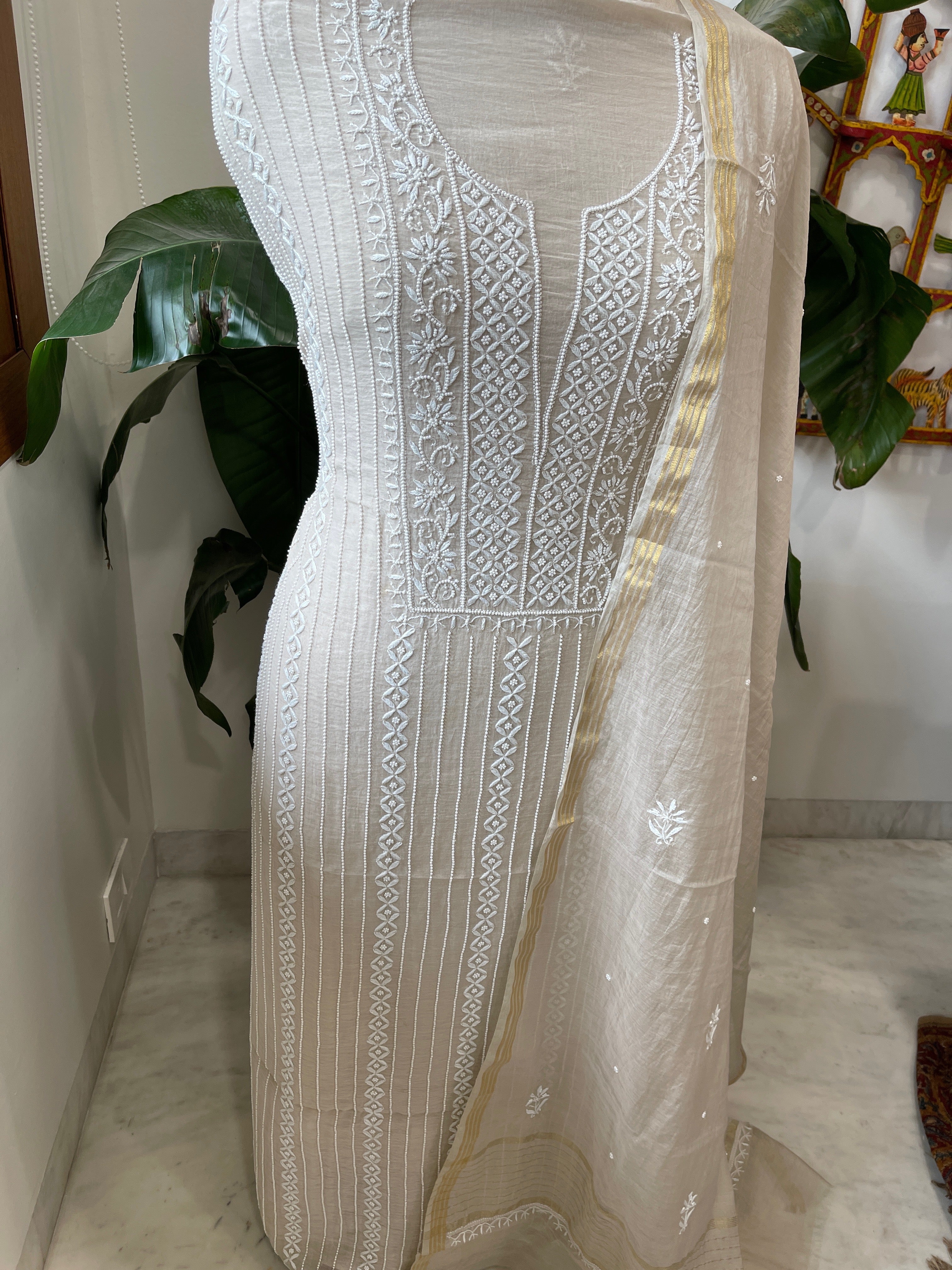 Suit Set with Lucknowi Handwork in Pure Mul Chanderi - Masakalee