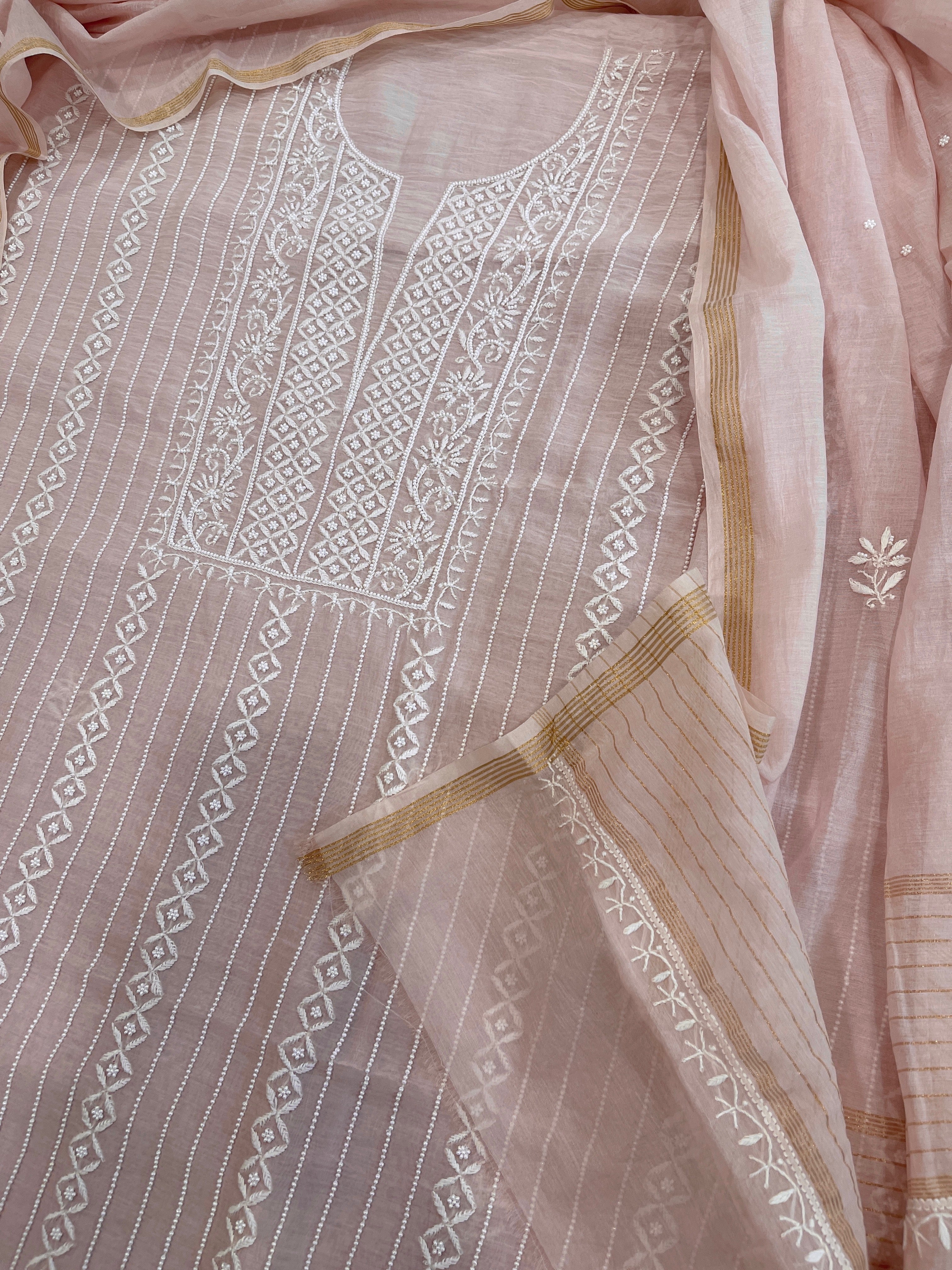 Suit Set with Lucknowi Handwork in Pure Mul Chanderi - Masakalee