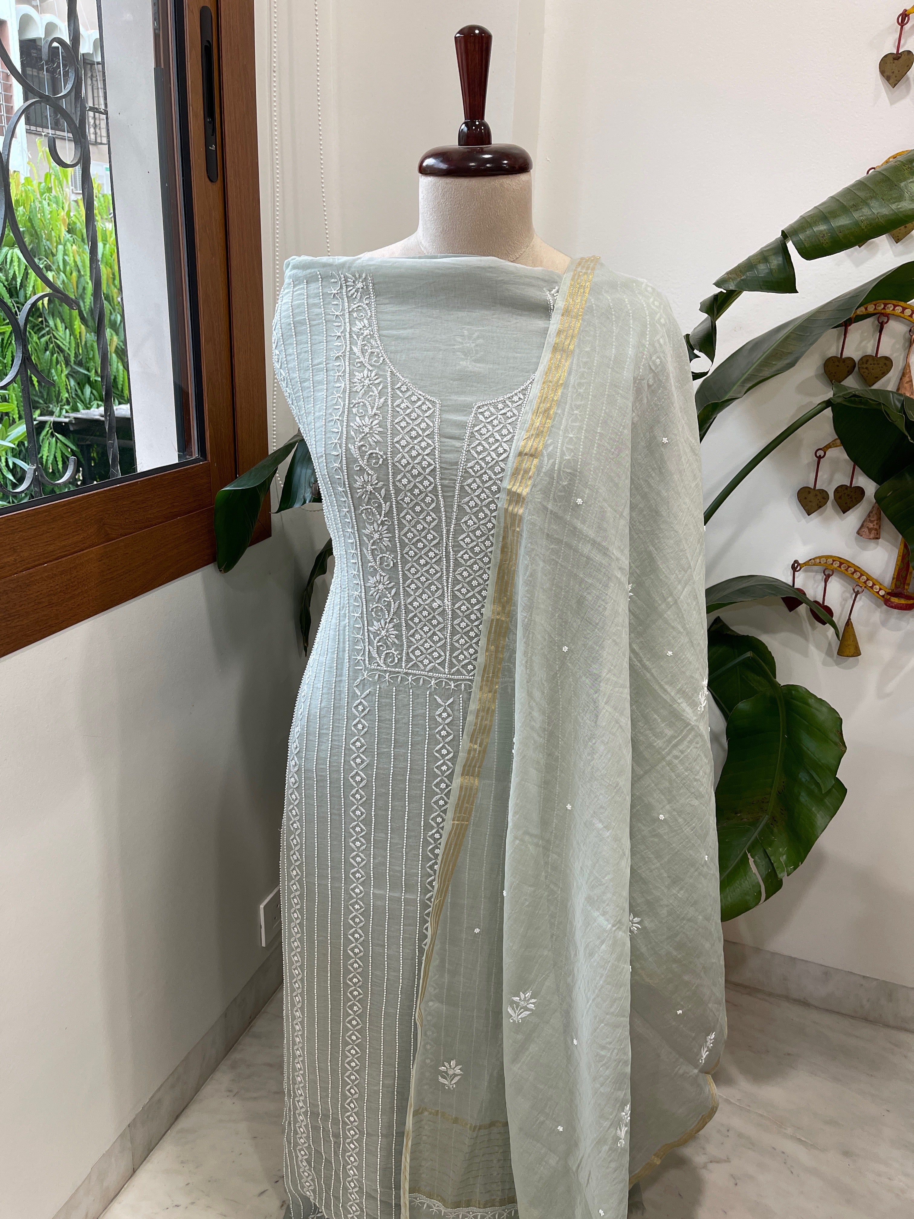 Suit Set with Lucknowi Handwork in Pure Mul Chanderi - Masakalee