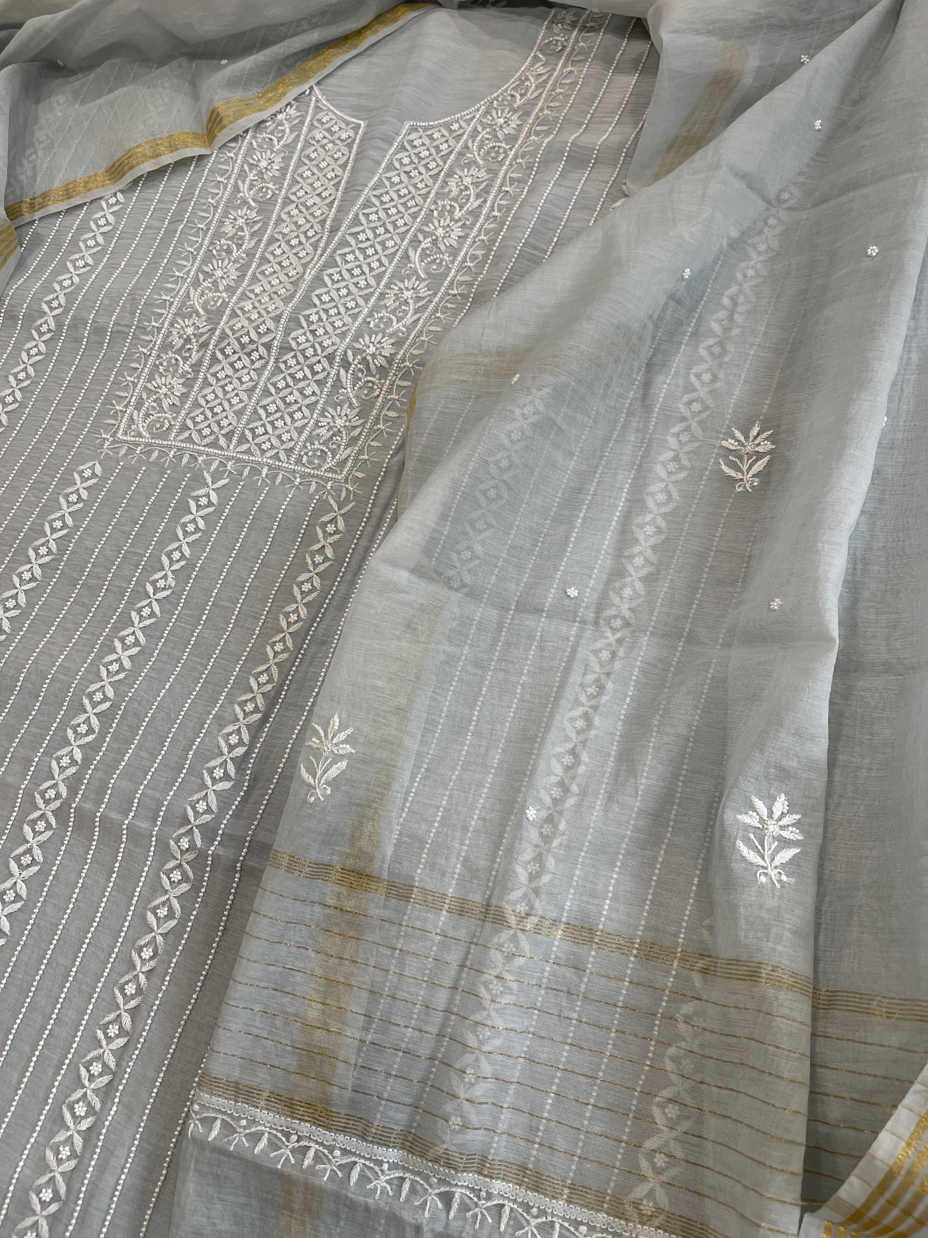 Suit Set with Lucknowi Handwork in Pure Mul Chanderi - Masakalee