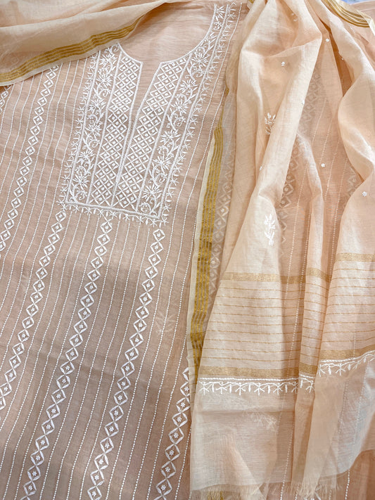 Suit Set with Lucknowi Handwork in Pure Mul Chanderi - Masakalee