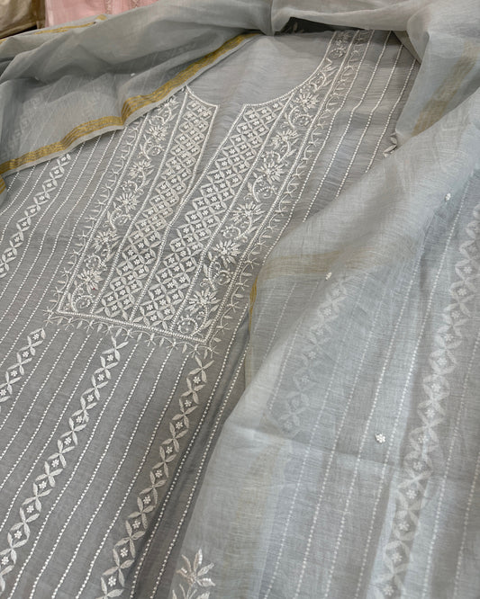 Suit Set with Lucknowi Handwork in Pure Mul Chanderi - Masakalee