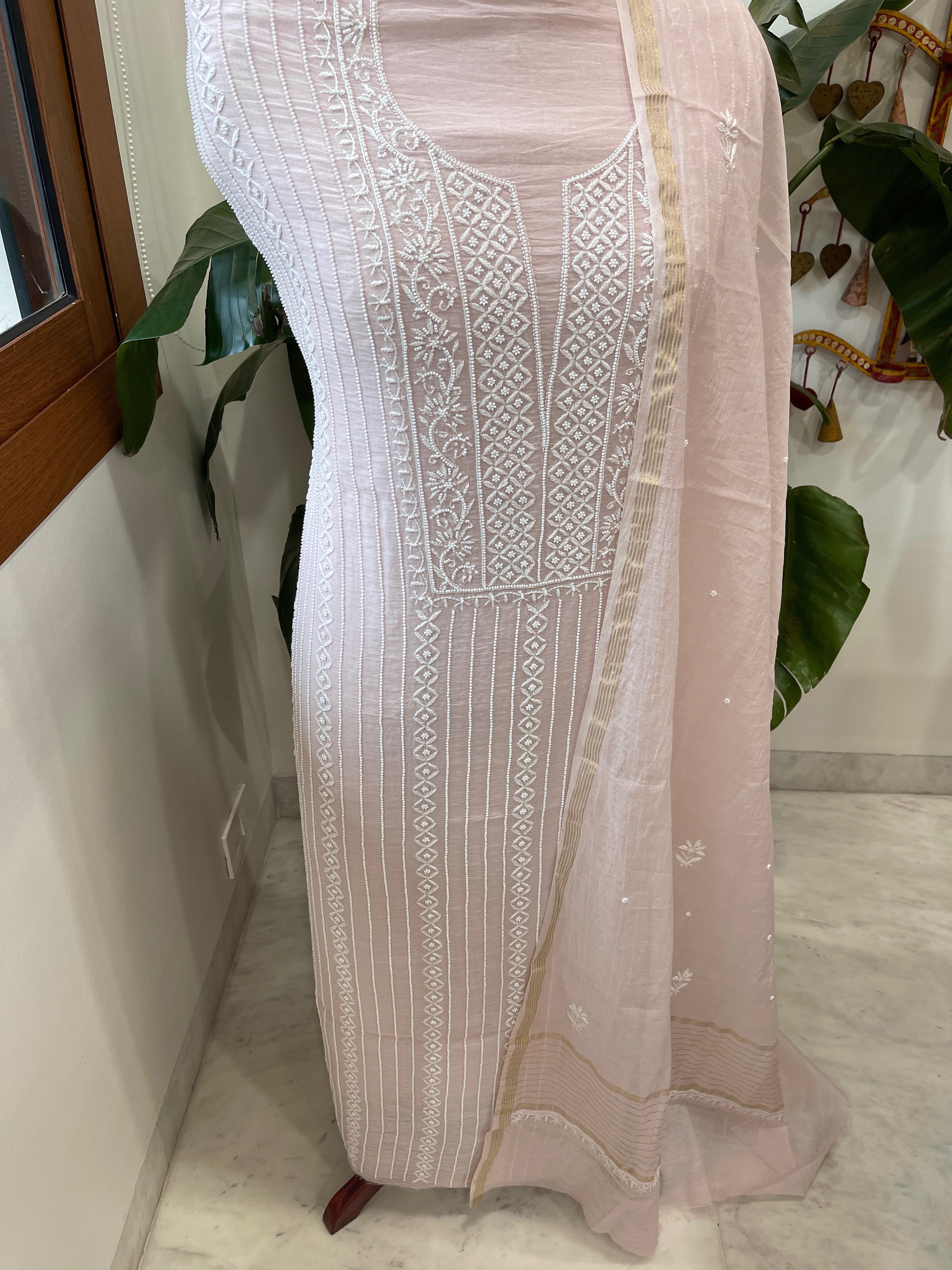 Suit Set with Lucknowi Handwork in Pure Mul Chanderi - Masakalee