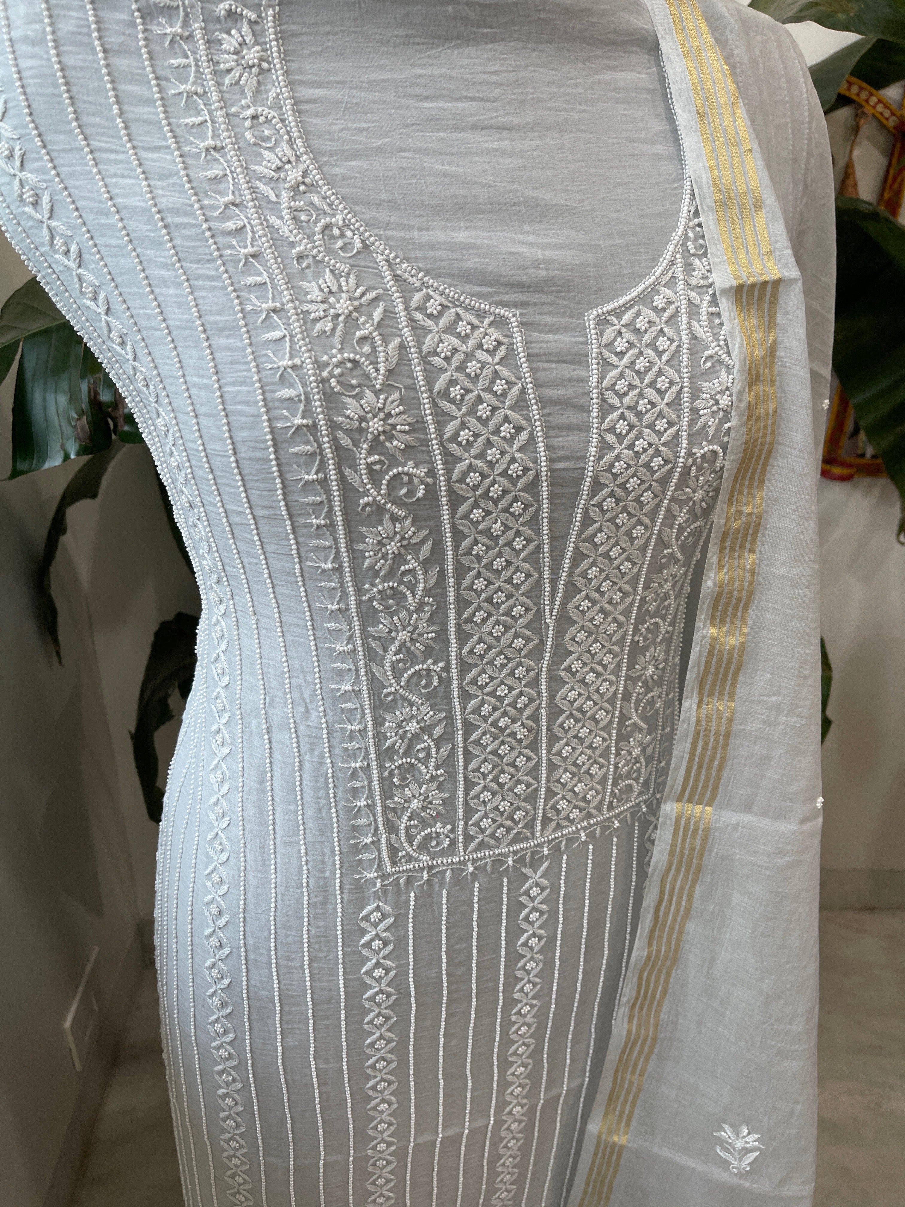 Suit Set with Lucknowi Handwork in Pure Mul Chanderi - Masakalee