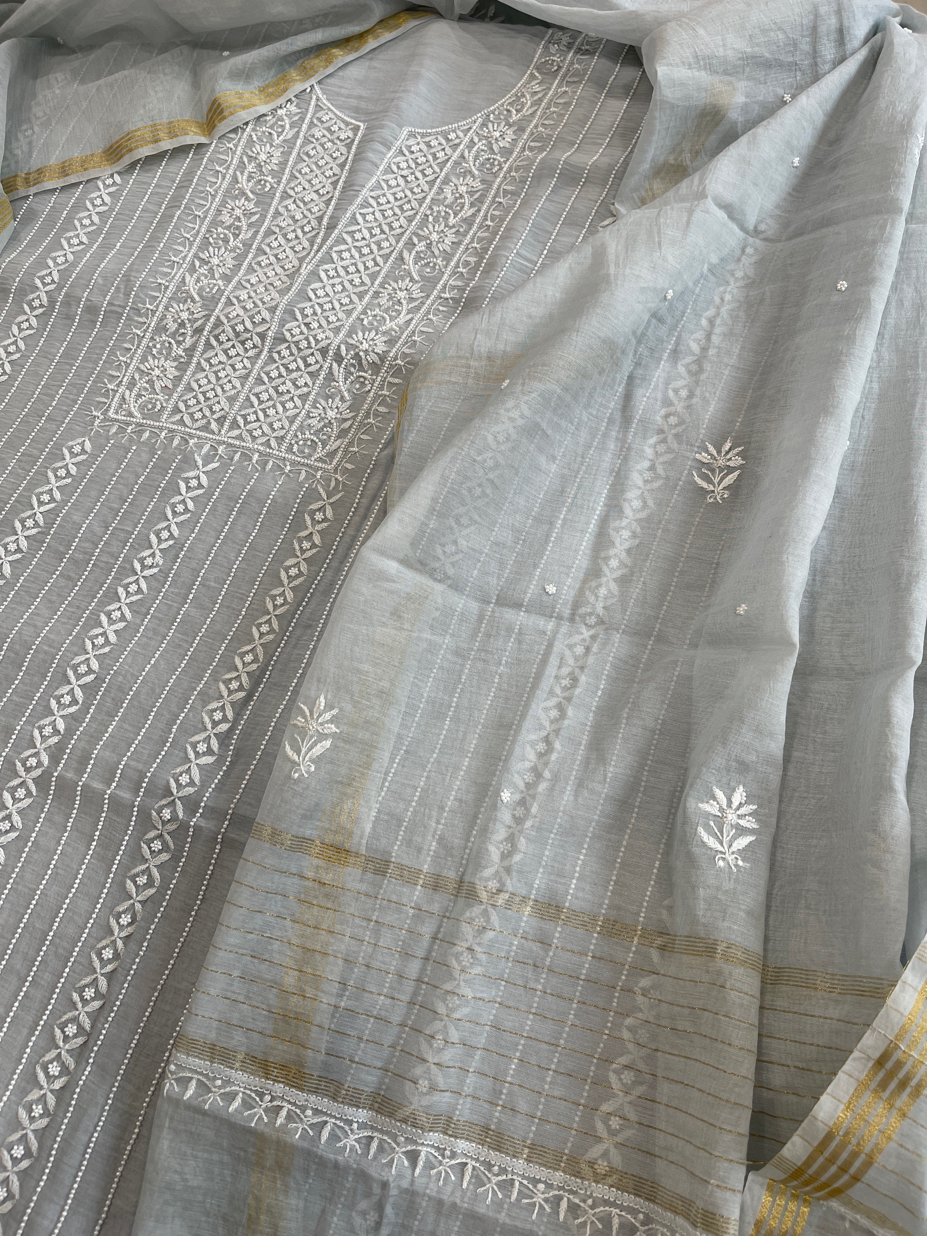Suit Set with Lucknowi Handwork in Pure Mul Chanderi - Masakalee