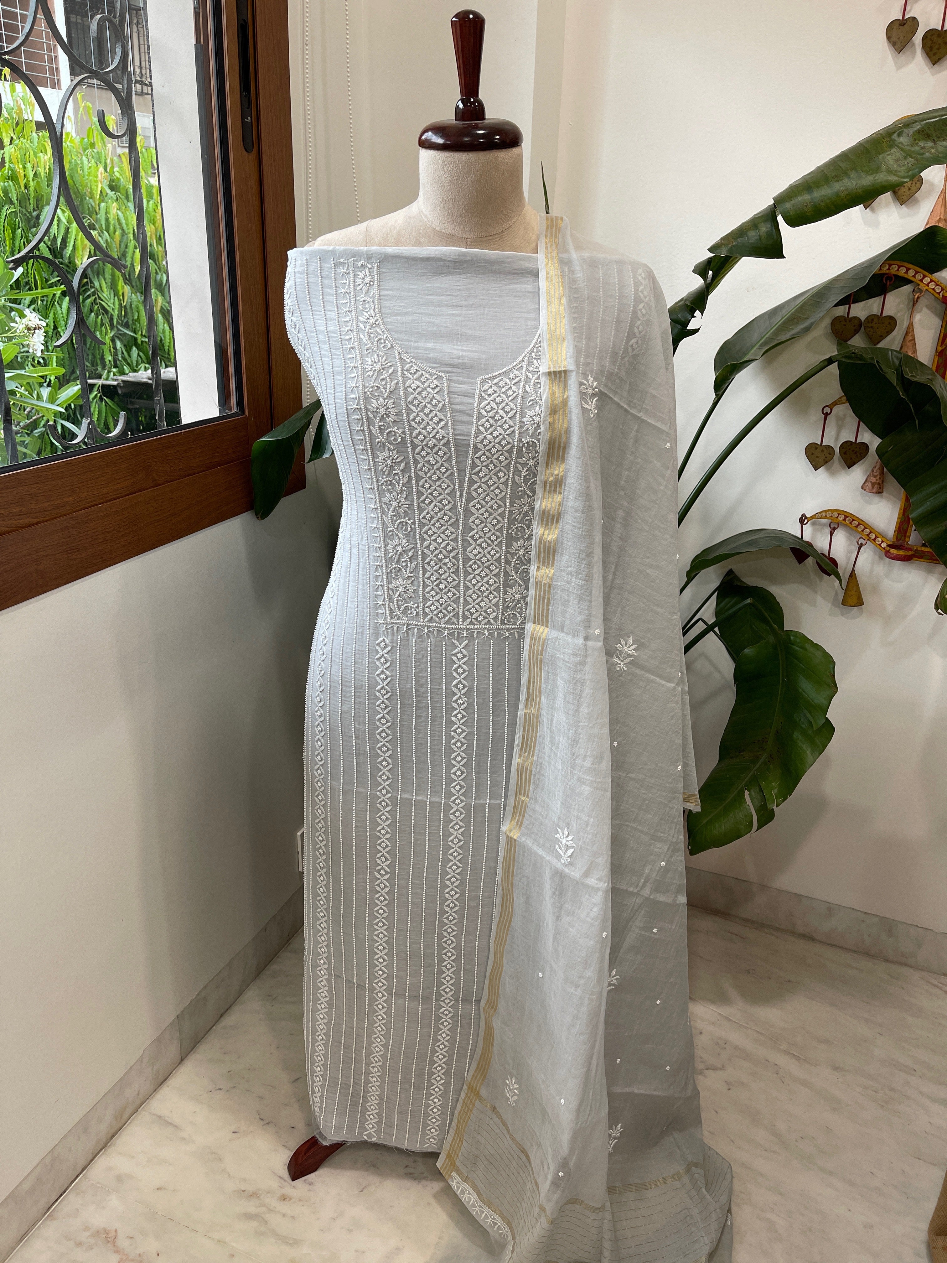Suit Set with Lucknowi Handwork in Pure Mul Chanderi - Masakalee