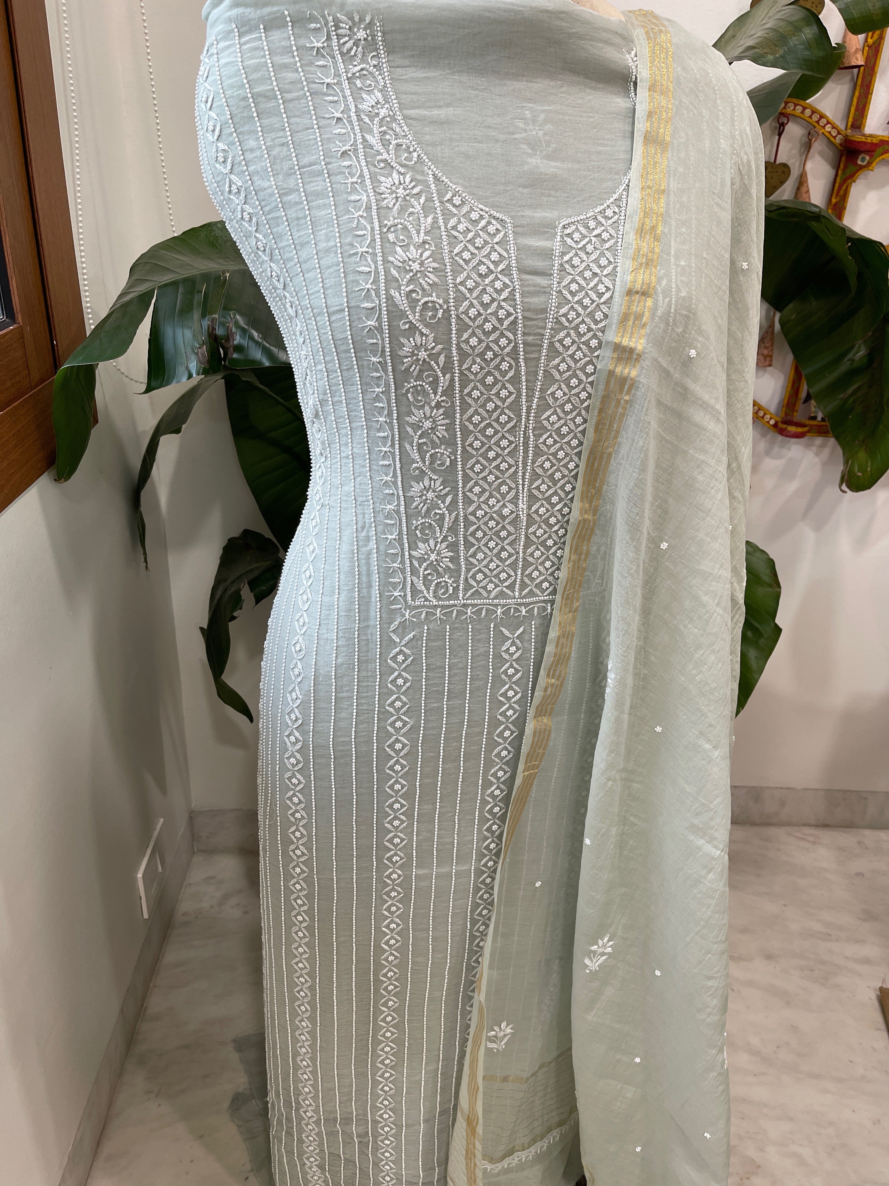 Suit Set with Lucknowi Handwork in Pure Mul Chanderi - Masakalee