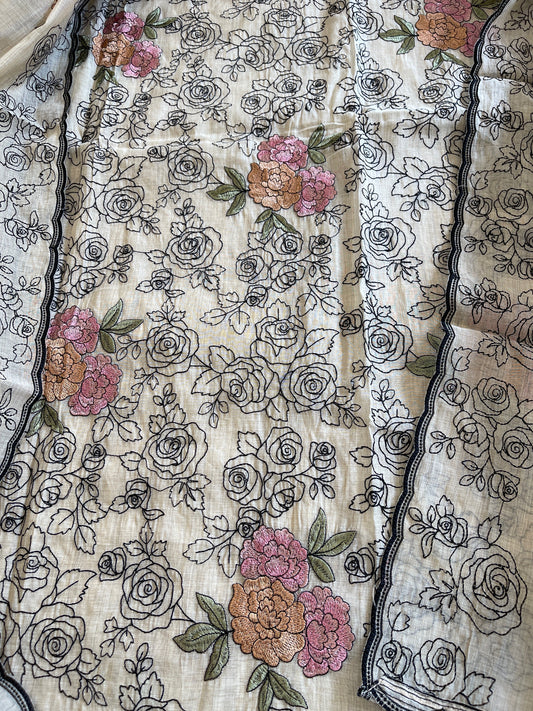 Suit Set with Thread Embroidery in Chanderi - Masakalee