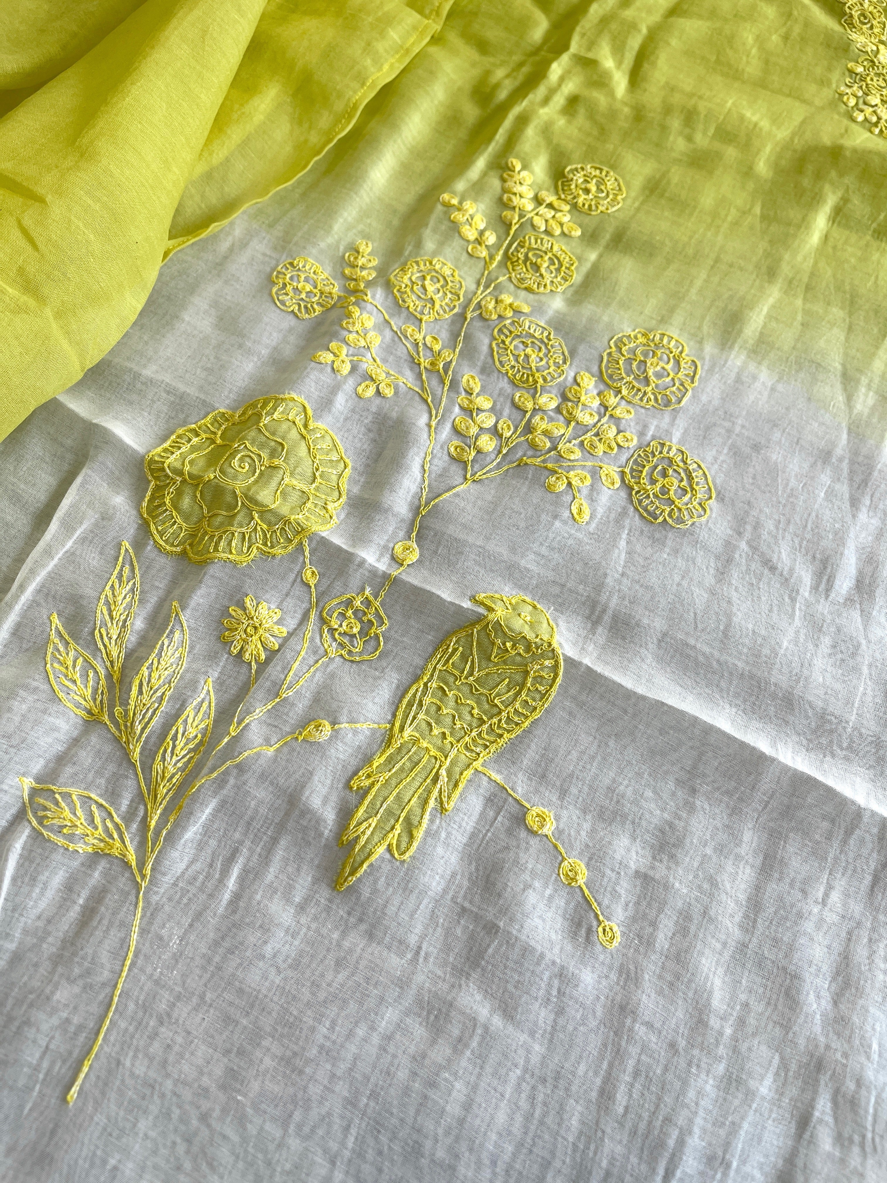 Suit Set with Thread Embroidery in Mul Chanderi - Masakalee