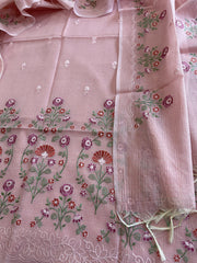 Suit Set with Thread Embroidery in Mul Chanderi - Masakalee