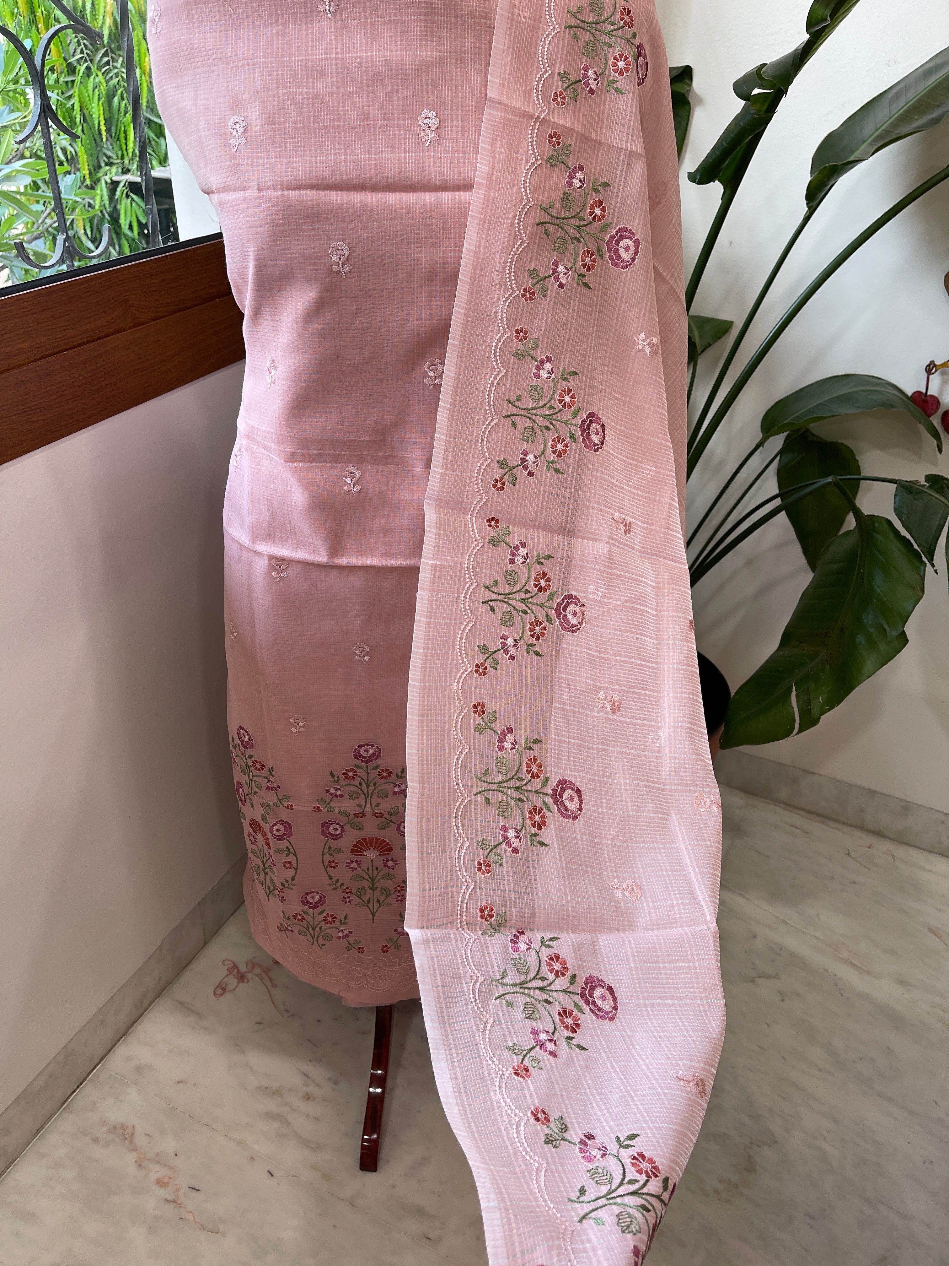 Suit Set with Thread Embroidery in Mul Chanderi - Masakalee