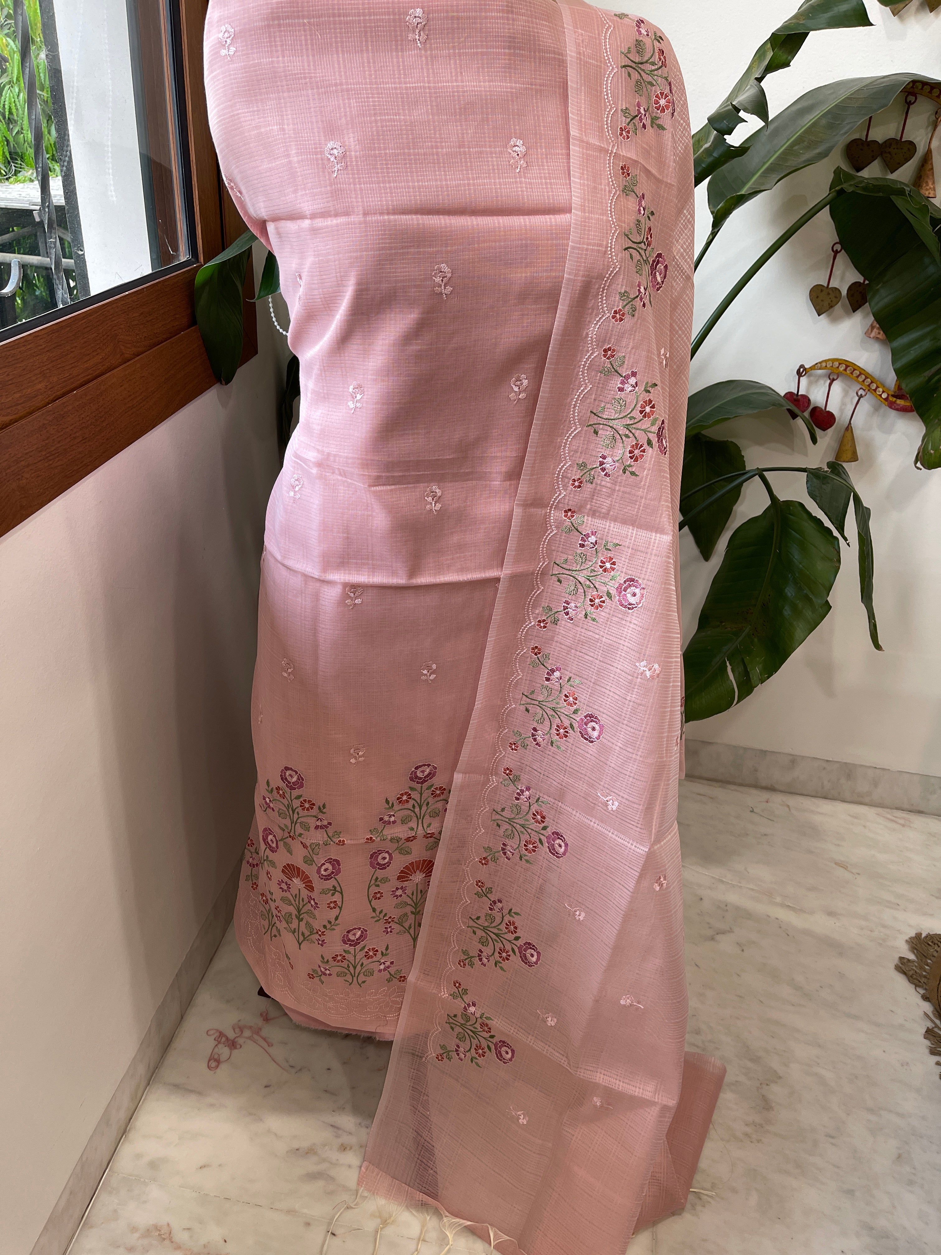 Suit Set with Thread Embroidery in Mul Chanderi - Masakalee