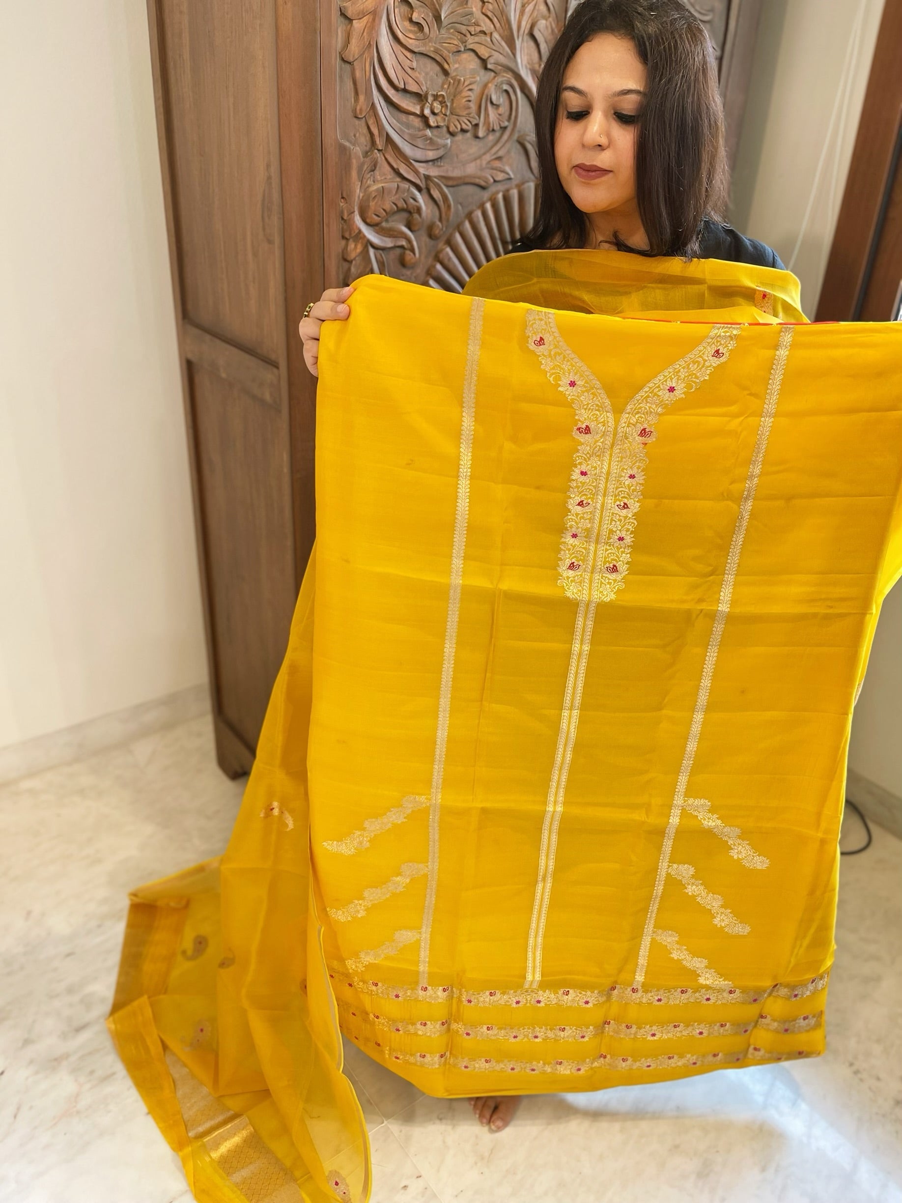 Sunshine Yellow Designer Banarasi Suit Set in Pure Silk - Masakalee