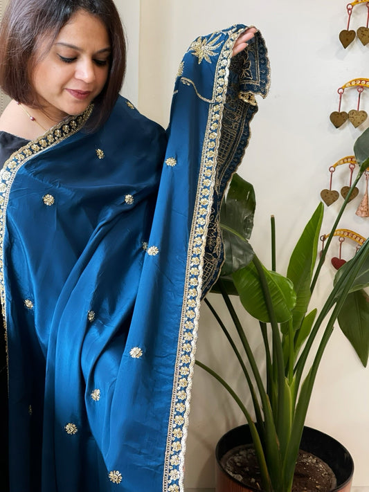 Teal Blue Crepe Dupatta with Pearl, Cut Daana, Gold Thread & Sequin Embroidery - Masakalee