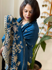 Teal Blue Crepe Dupatta with Pearl, Cut Daana, Gold Thread & Sequin Embroidery - Masakalee