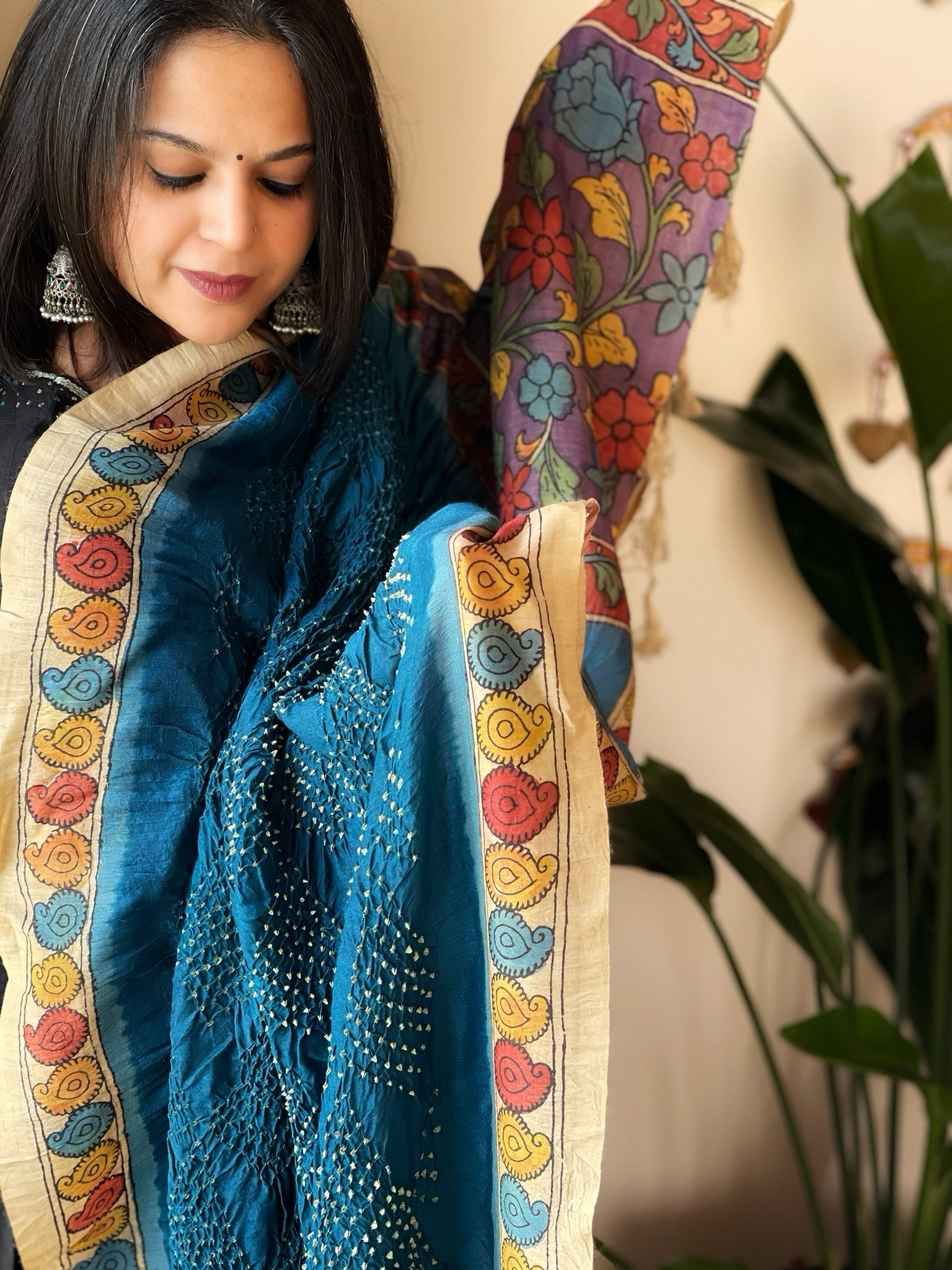 Teal Blue Rai Bandhej Dupatta with Handpainted Kalamkari Pallu in Pure Muga Silk - Masakalee