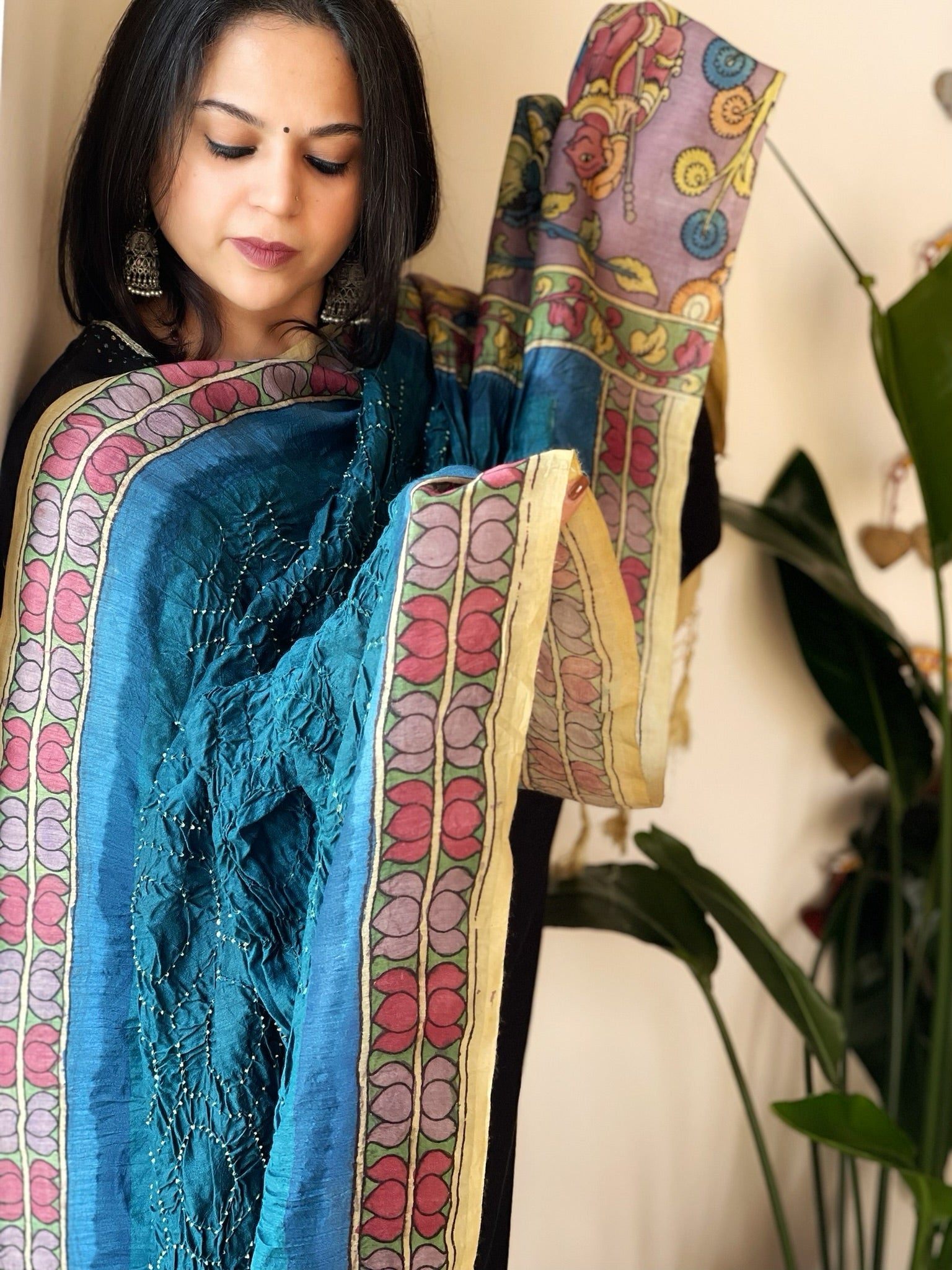 Teal Blue Rai Bandhej Dupatta with Handpainted Kalamkari Pallu in Pure Muga Silk - Masakalee