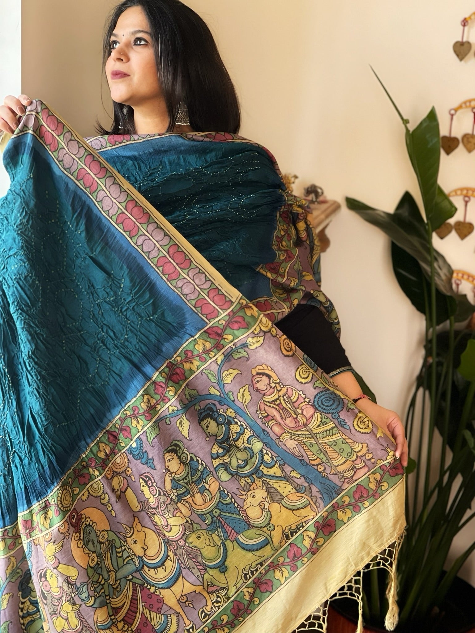 Teal Blue Rai Bandhej Dupatta with Handpainted Kalamkari Pallu in Pure Muga Silk - Masakalee
