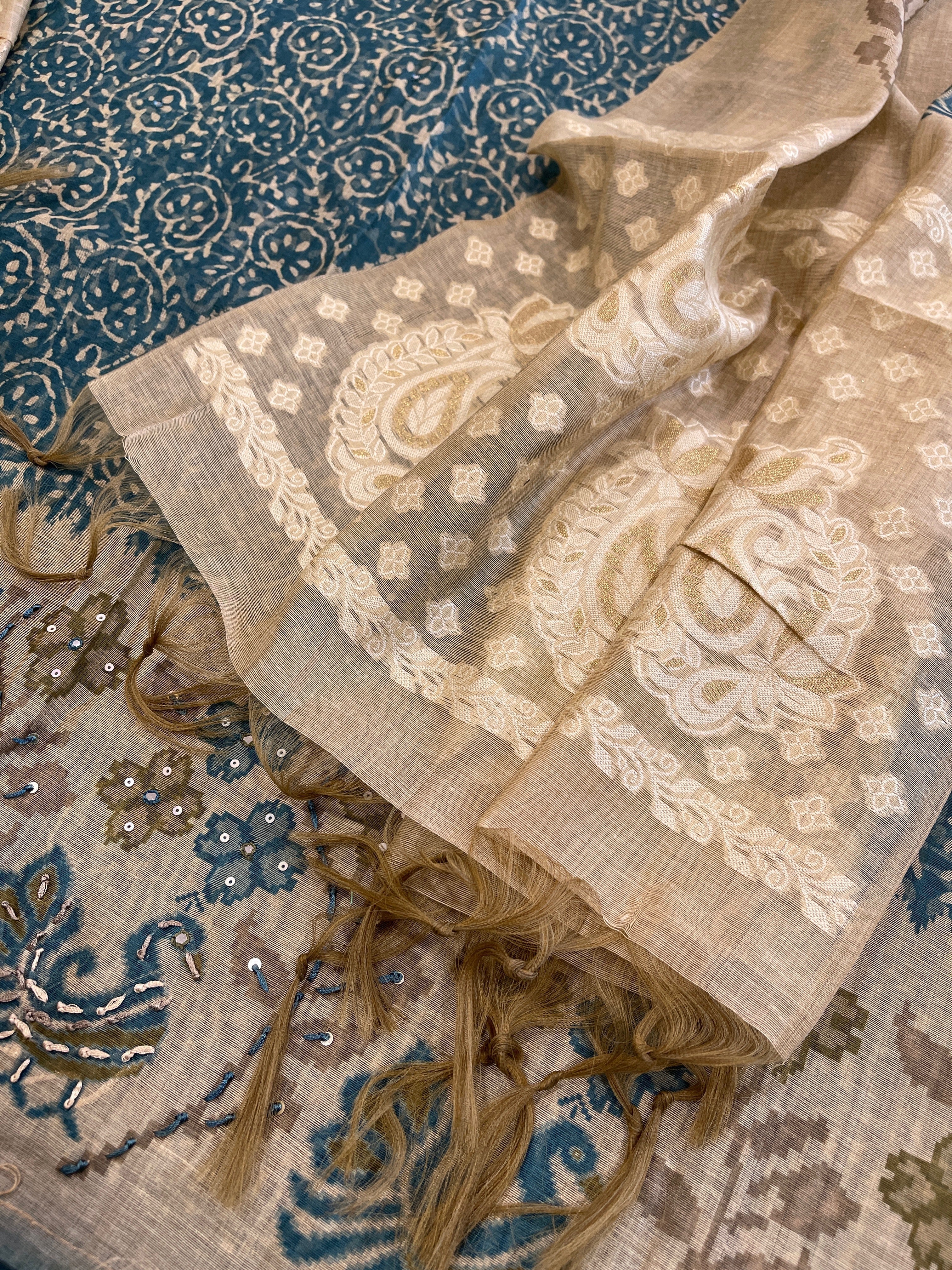 Teal Blue Suit Set with Block Print with Jamdani Dupatta in Chanderi - Masakalee
