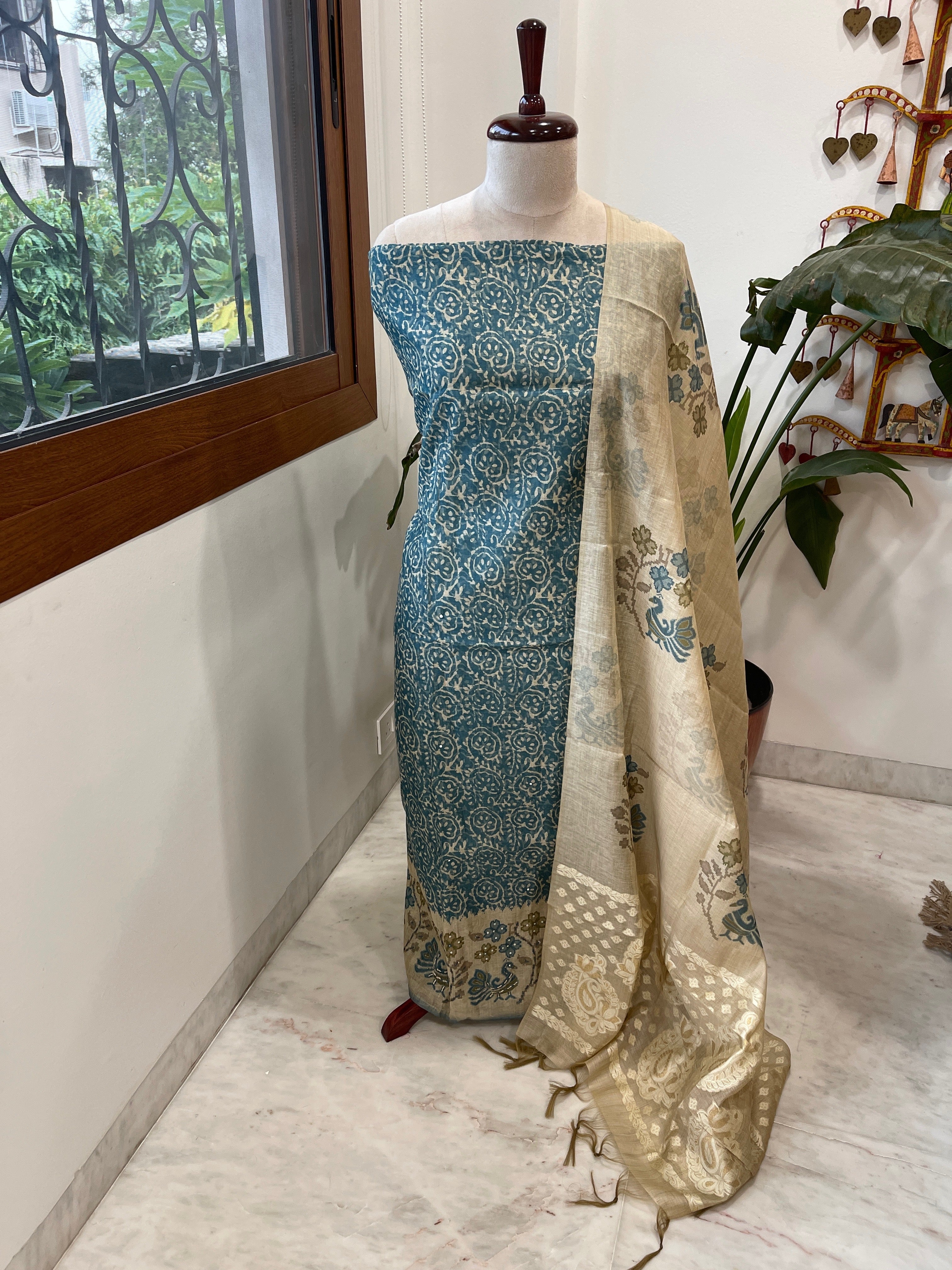 Teal Blue Suit Set with Block Print with Jamdani Dupatta in Chanderi - Masakalee