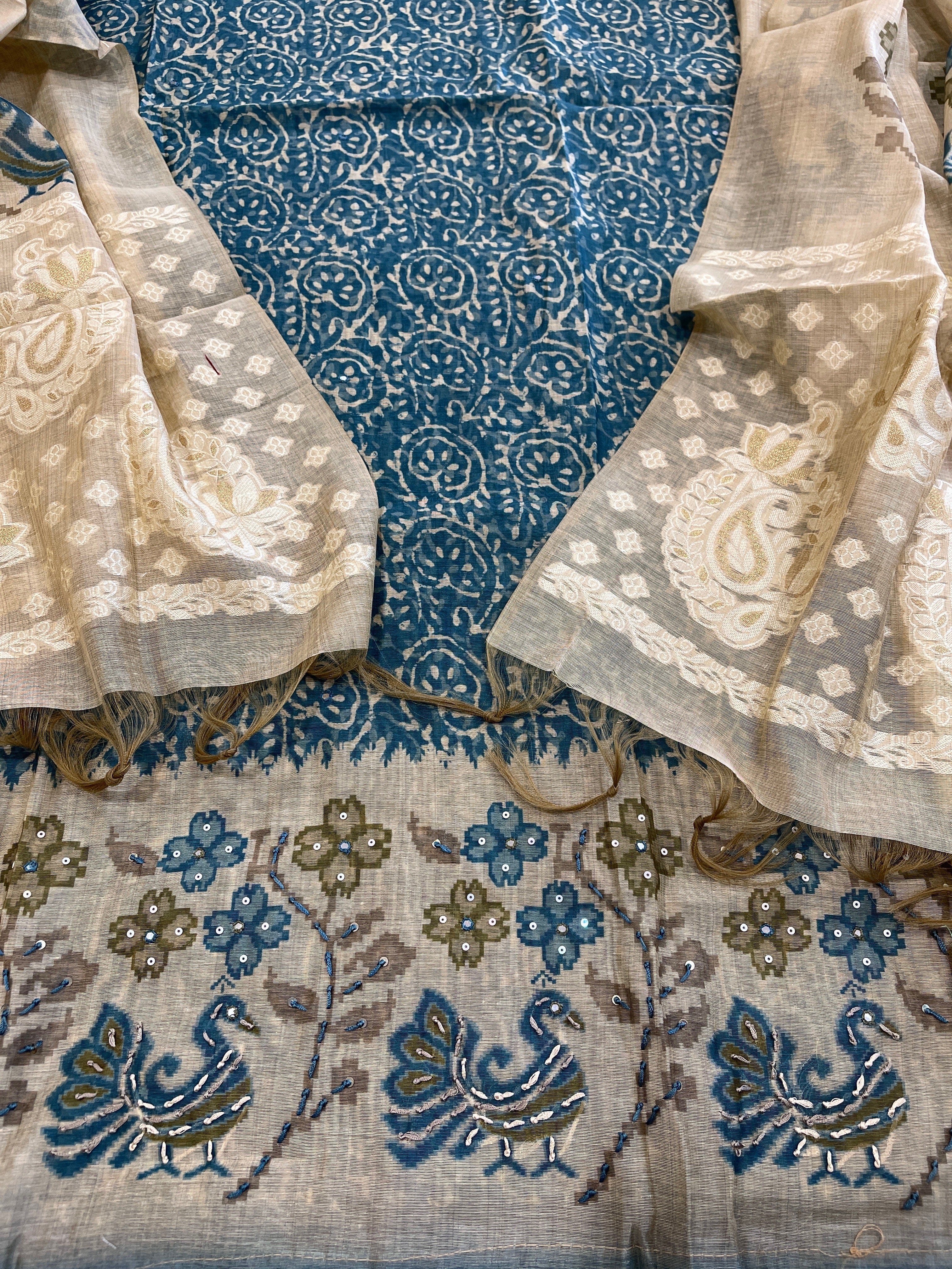 Teal Blue Suit Set with Block Print with Jamdani Dupatta in Chanderi - Masakalee