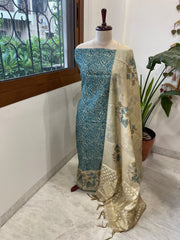 Teal Blue Suit Set with Block Print with Jamdani Dupatta in Chanderi - Masakalee