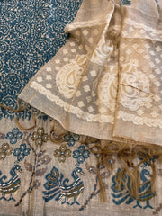 Teal Blue Suit Set with Block Print with Jamdani Dupatta in Chanderi - Masakalee