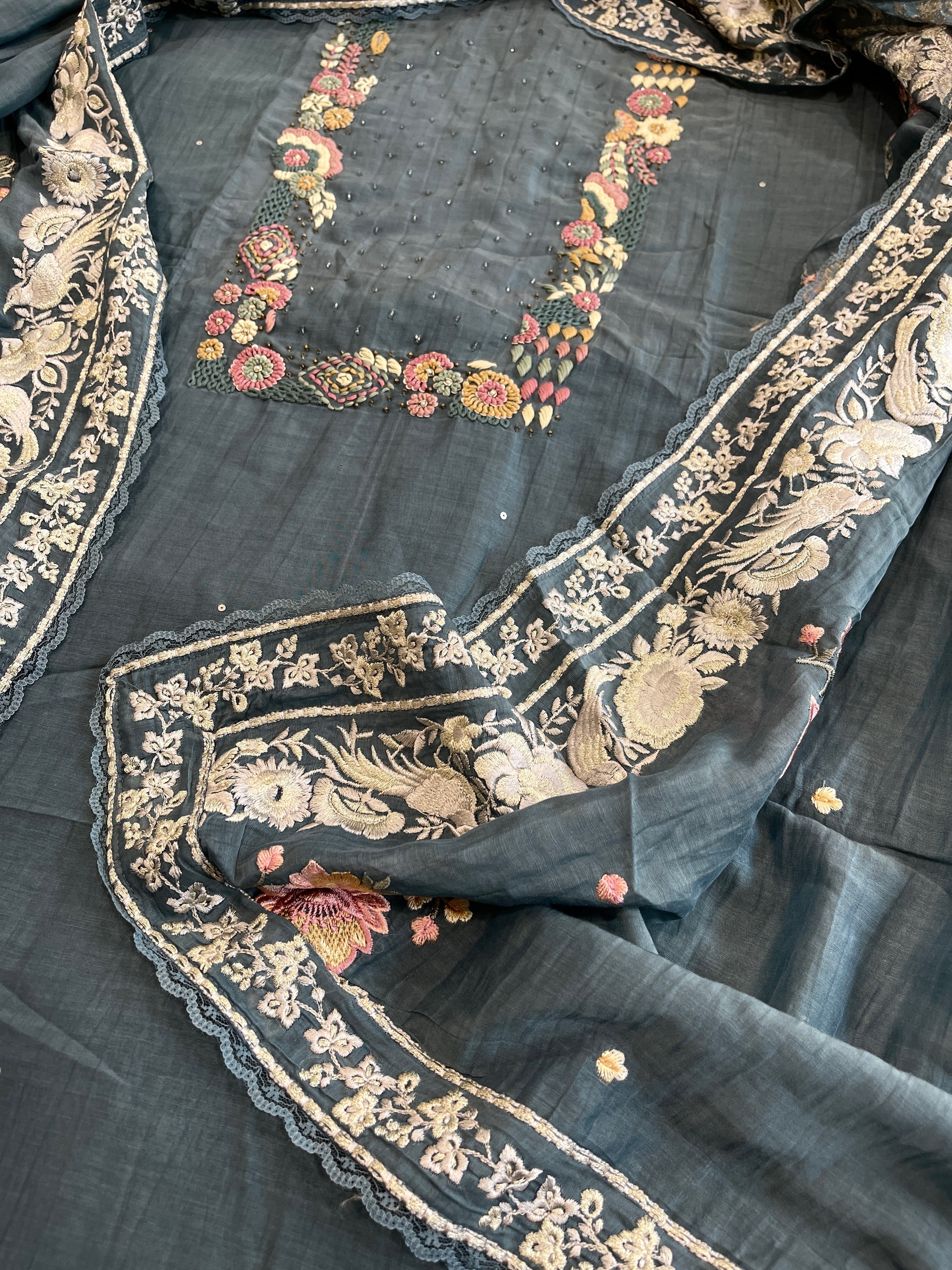 Teal Blue Suit Set with Thread Handwork and Parsi Gara Dupatta in Mul Cotton - Masakalee