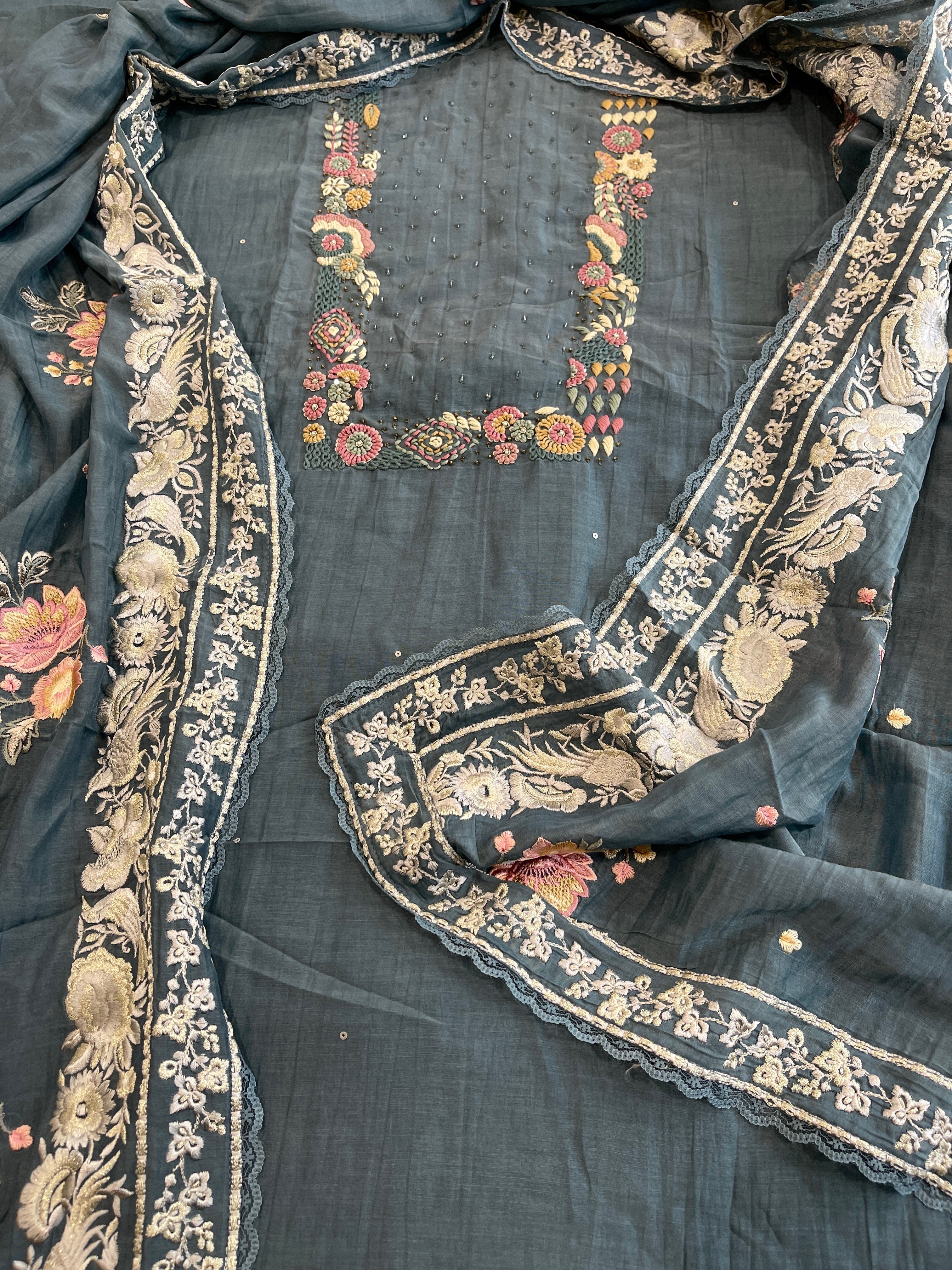 Teal Blue Suit Set with Thread Handwork and Parsi Gara Dupatta in Mul Cotton - Masakalee