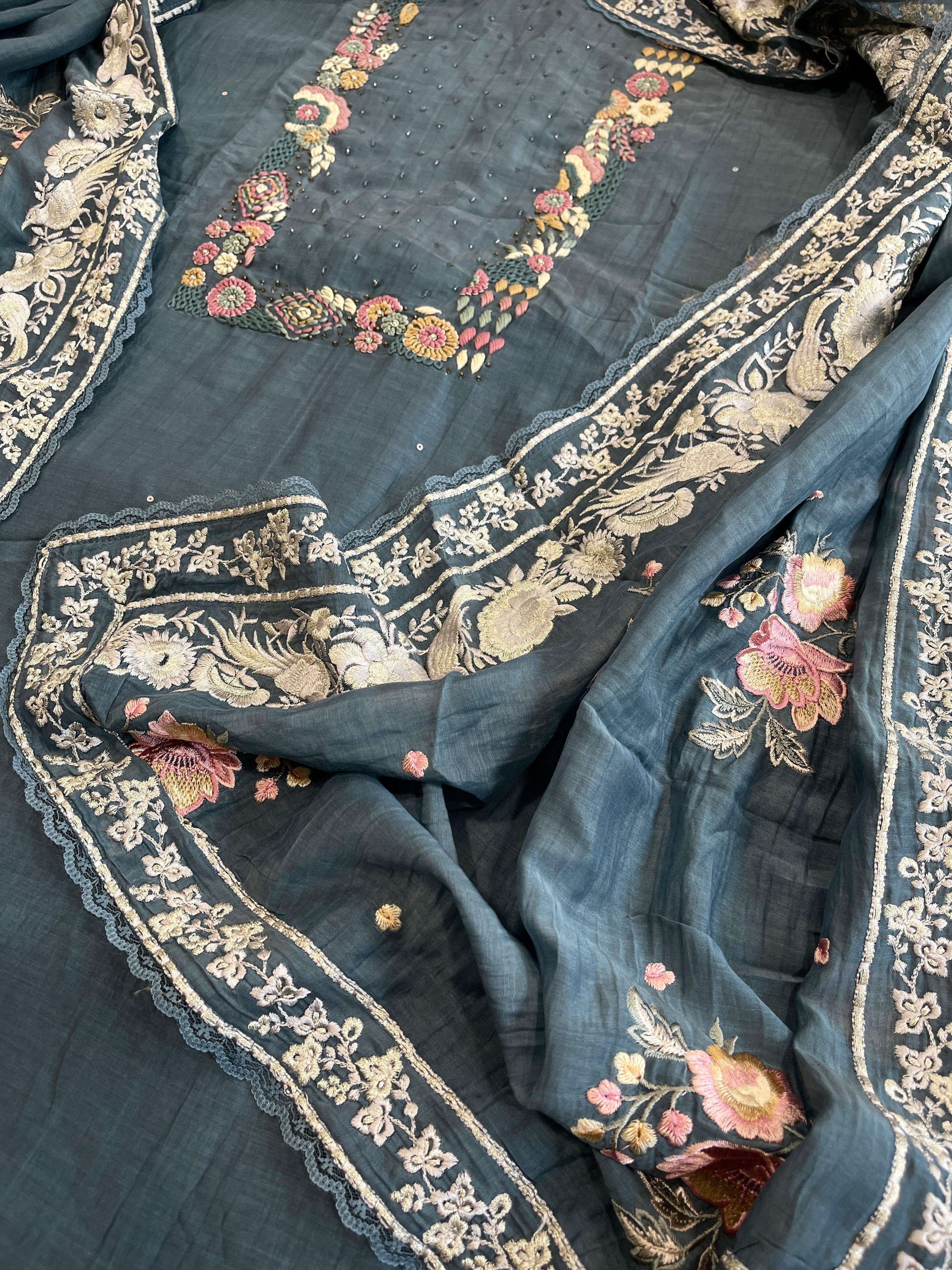 Teal Blue Suit Set with Thread Handwork and Parsi Gara Dupatta in Mul Cotton - Masakalee