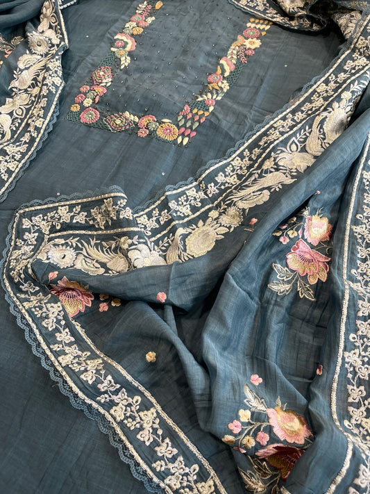 Teal Blue Suit Set with Thread Handwork and Parsi Gara Dupatta in Mul Cotton - Masakalee
