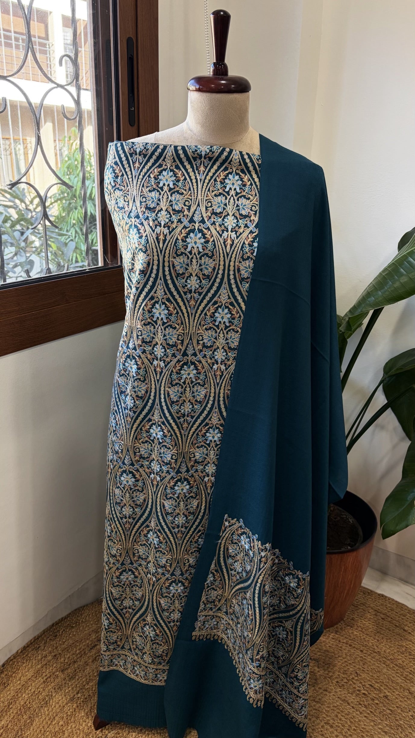 Teal Blue Winter Suit Set with Aari Work in Pashmina Wool - Masakalee