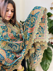Teal Chinon Dupatta with Aari Embroidery - Masakalee