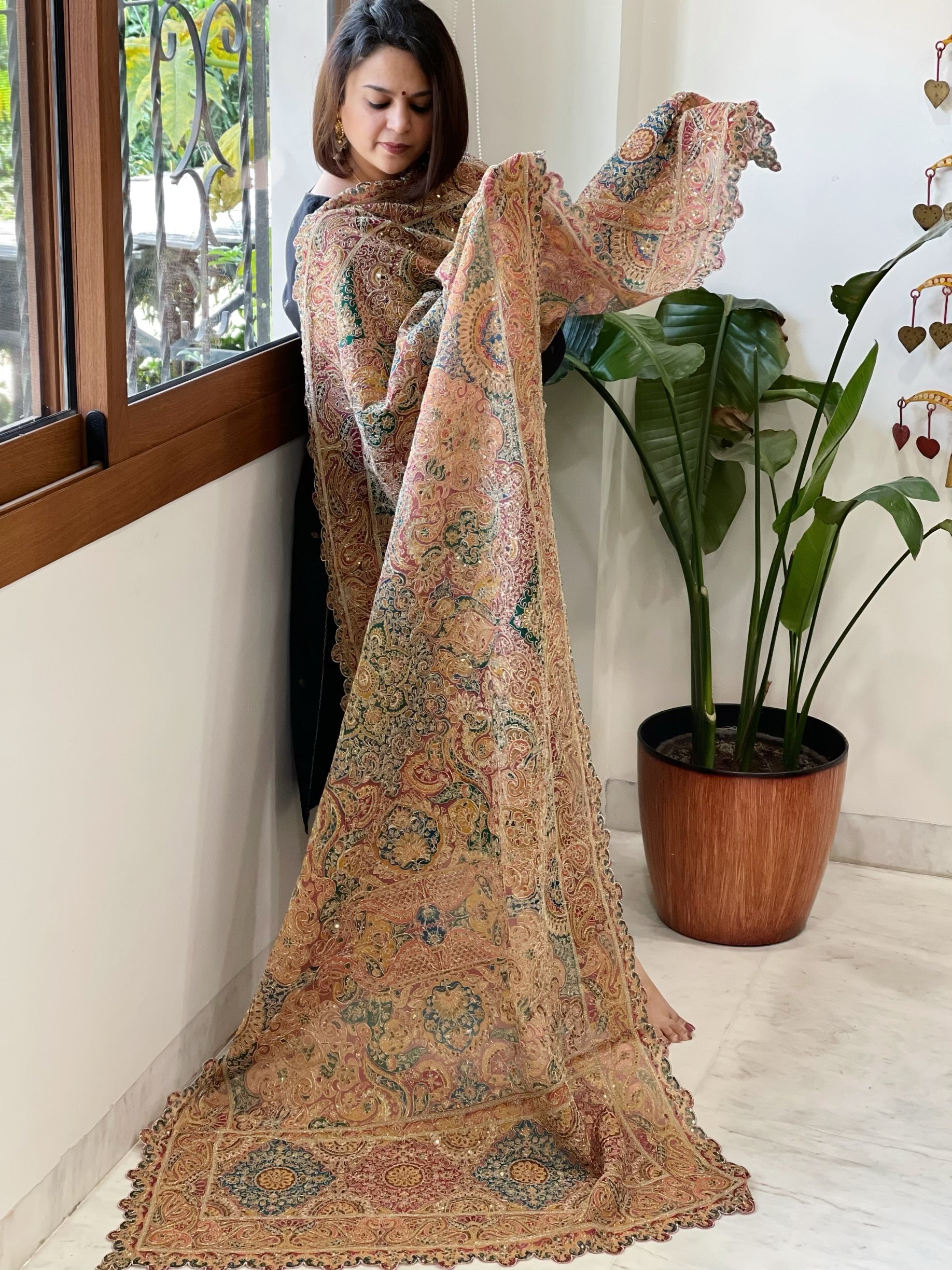 Teal Chinon Dupatta with Aari Embroidery - Masakalee
