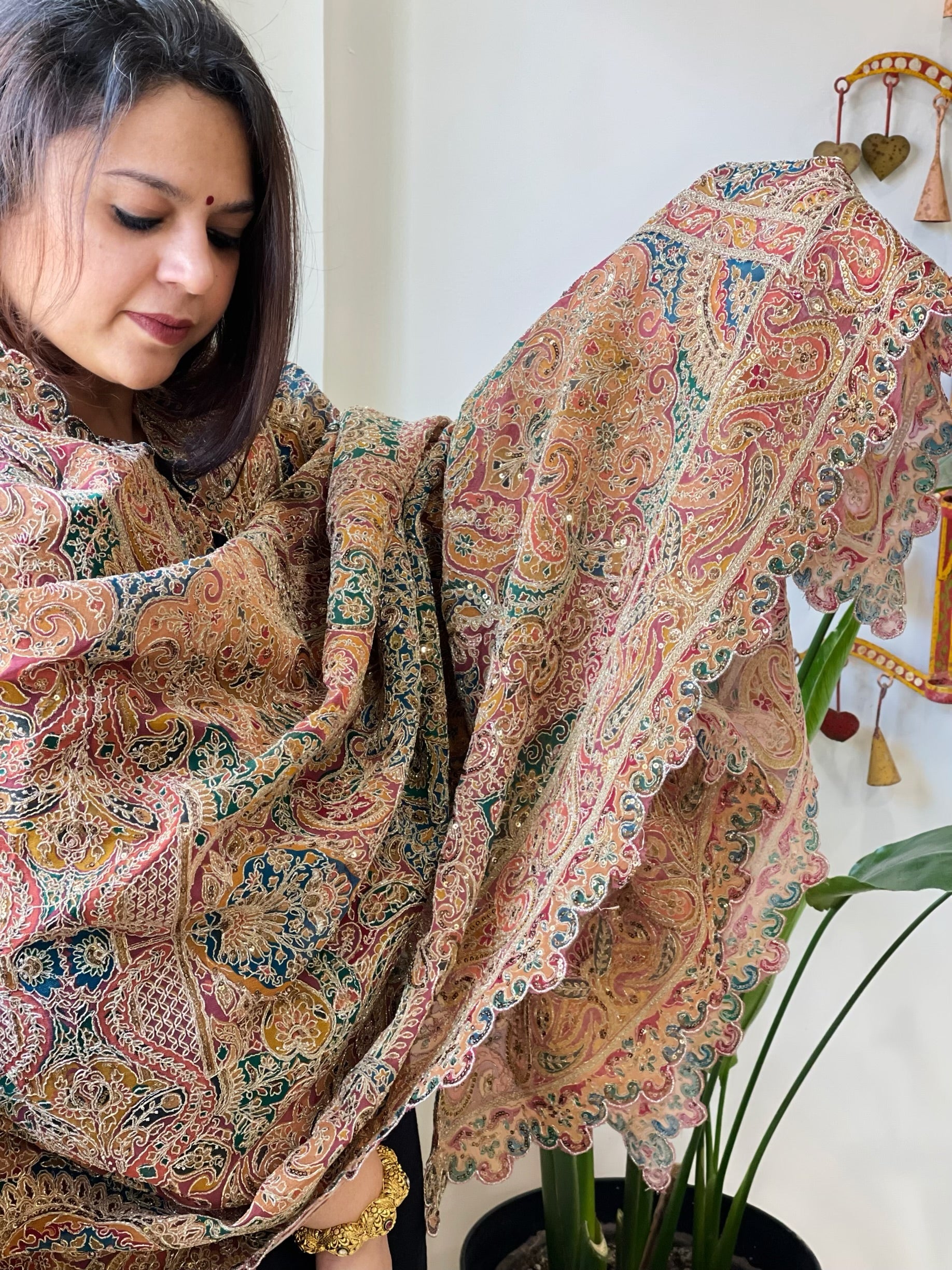 Teal Chinon Dupatta with Aari Embroidery - Masakalee