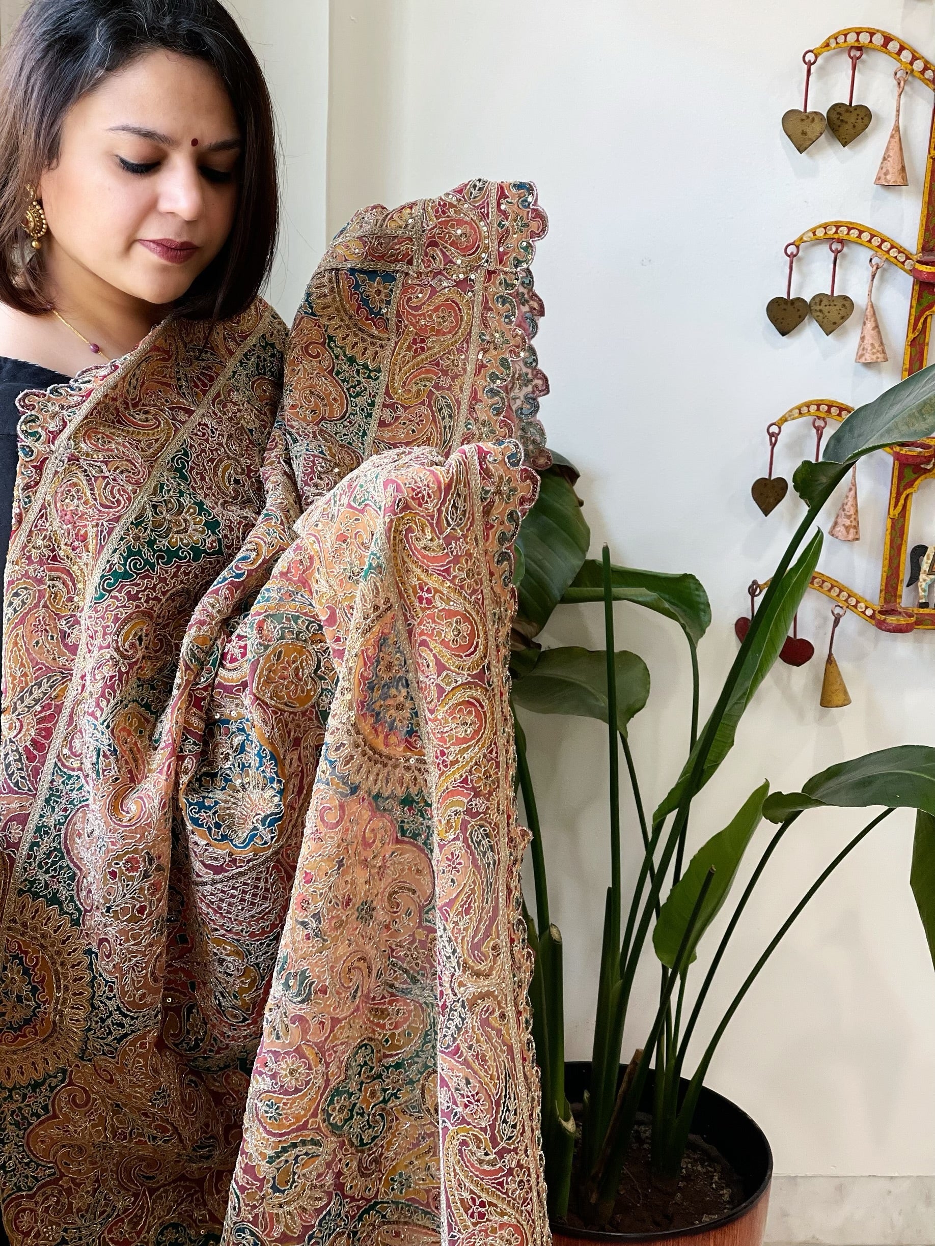Teal Chinon Dupatta with Aari Embroidery - Masakalee