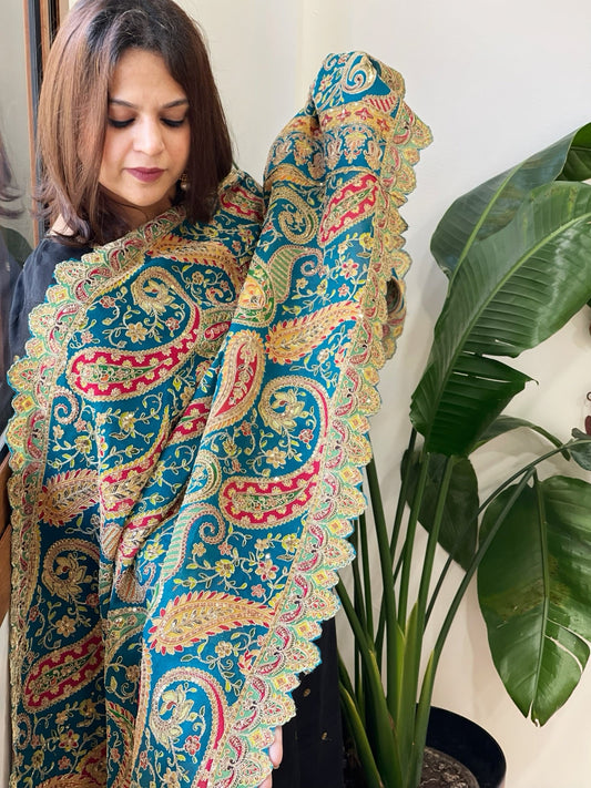 Teal Chinon Dupatta with Aari Embroidery - Masakalee