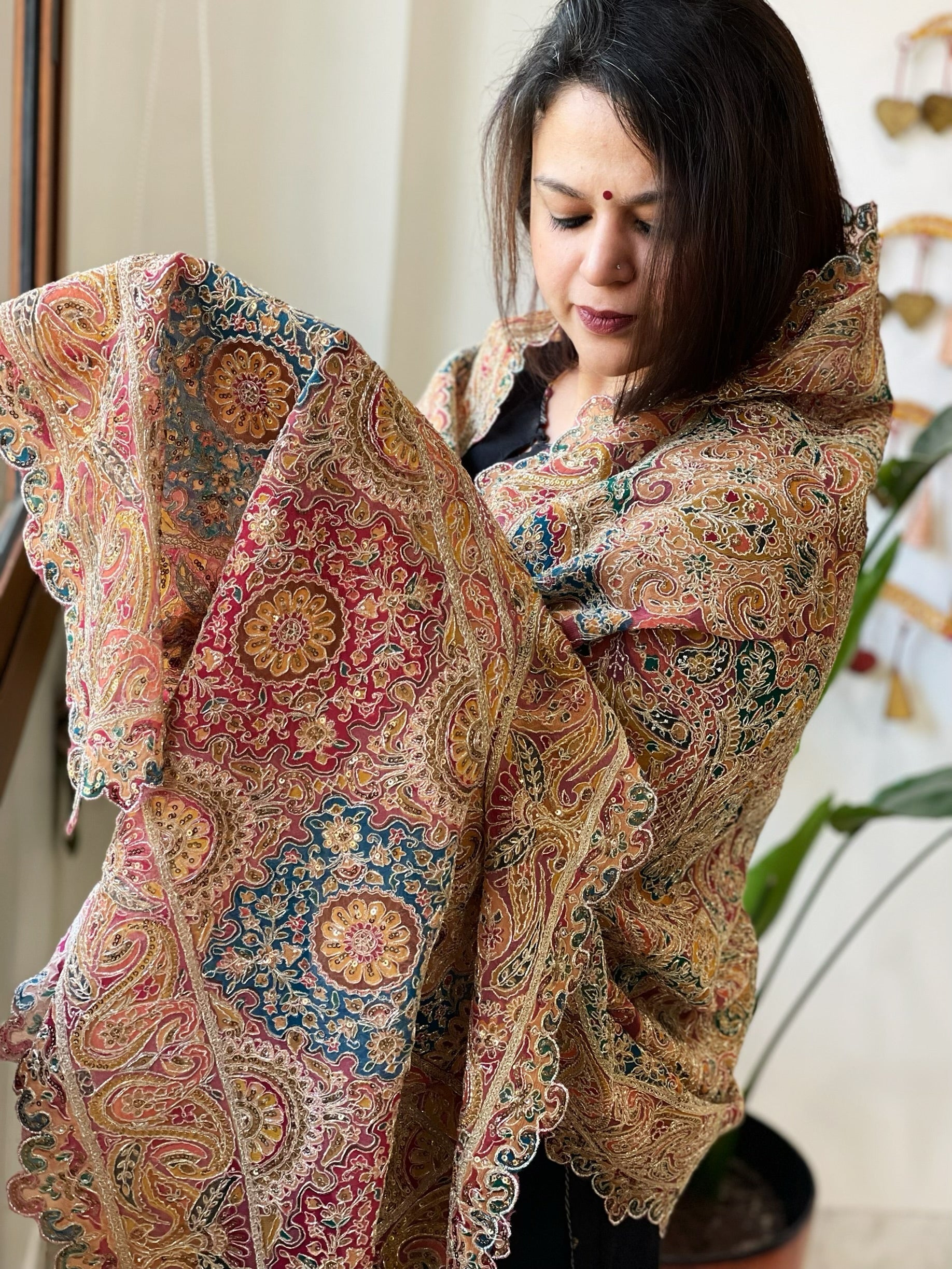 Teal Chinon Dupatta with Aari Embroidery - Masakalee