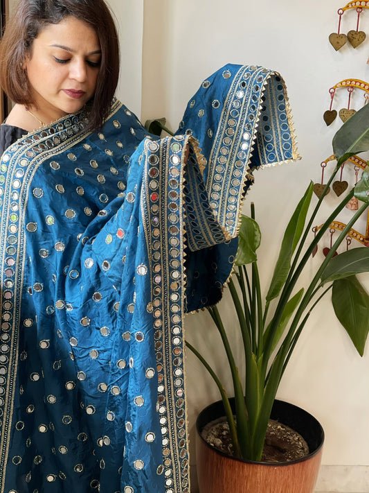 Teal Crepe Dupatta with Mirror and Cut Daana Work with Gota Lace Border - Masakalee