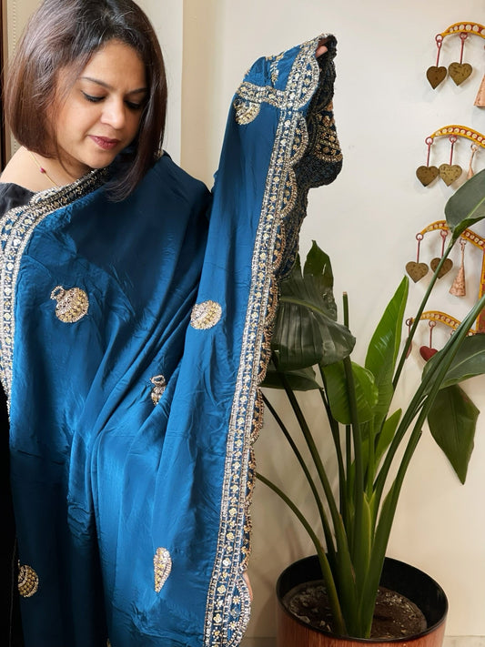 Teal Crepe Dupatta with Pearl, Cut Daana, Gold Thread & Sequin Embroidery - Masakalee