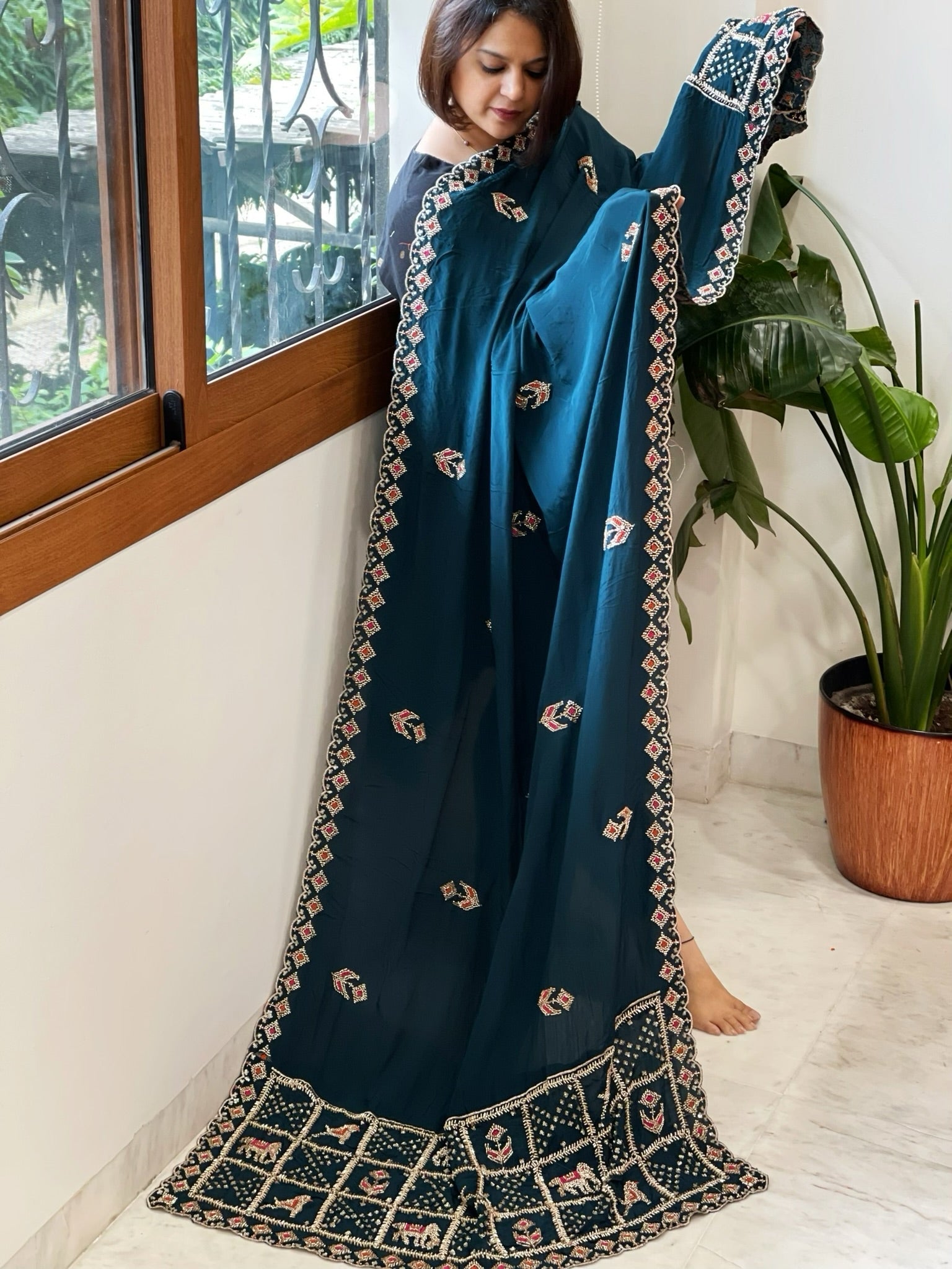 Teal Crepe Dupatta with Pearl, Cut Daana, Gold Thread & Sequin Embroidery - Masakalee