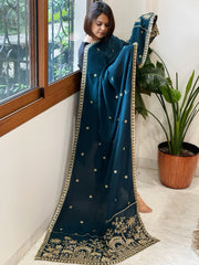 Teal Crepe Dupatta with Pearl, Cut Daana, Gold Thread & Sequin Embroidery - Masakalee