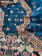 Teal Dupatta Set (Kurta+Dupatta) with Thread Embroidery in Pure Organza - Masakalee